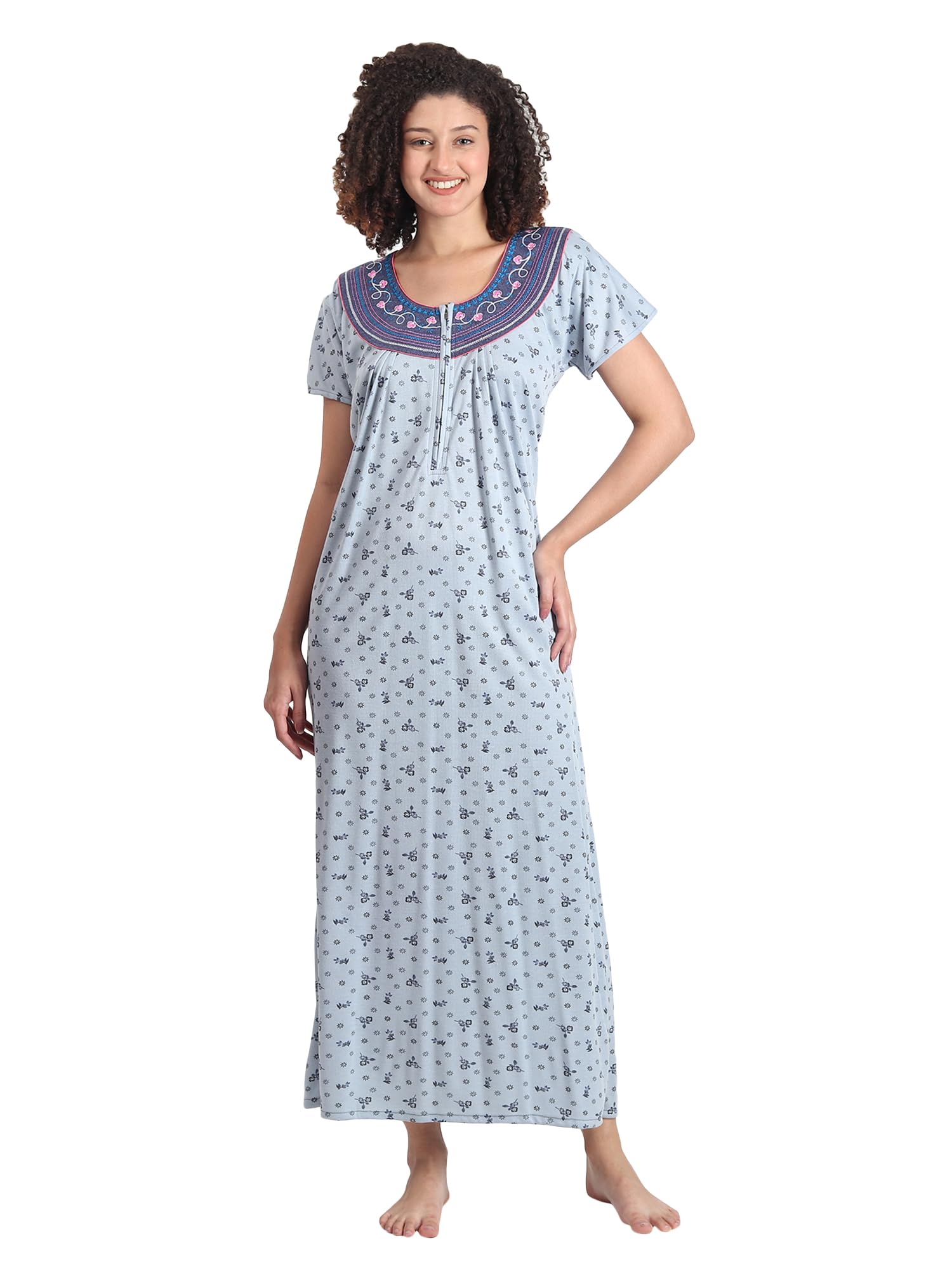 Noty® Women's- Nighty | Maxi | Gown- Poly Viscose Knits Fabric- Embroidery, Full Sleeves, Zip Closure