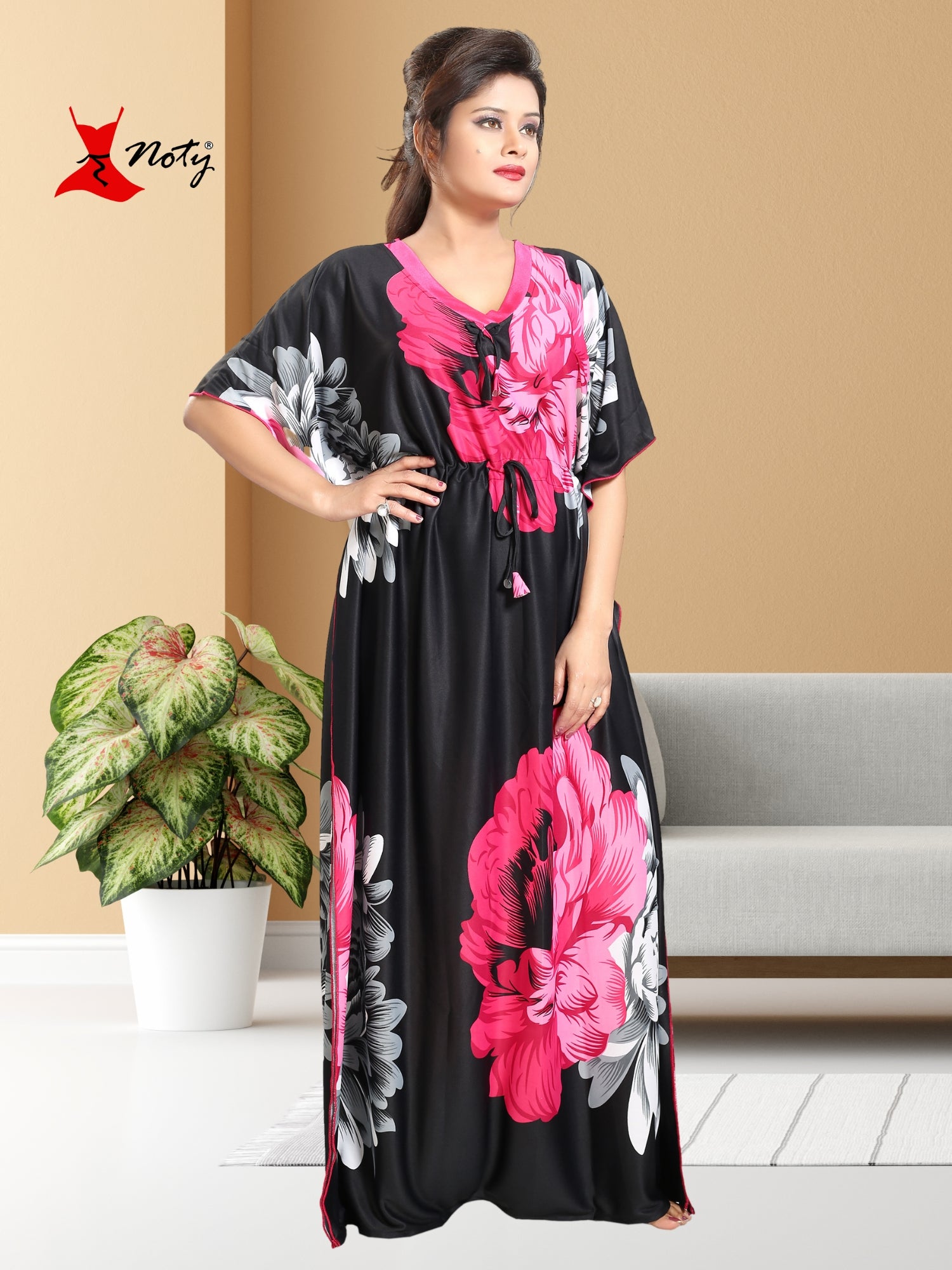 Noty Women's Kaftan Nighty | Serena Fabric | Floral Print Maxi | Short Sleeves | V Shaped Neck