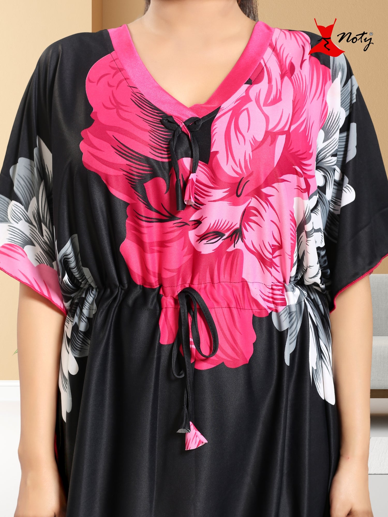 Noty Women's Kaftan Nighty | Serena Fabric | Floral Print Maxi | Short Sleeves | V Shaped Neck