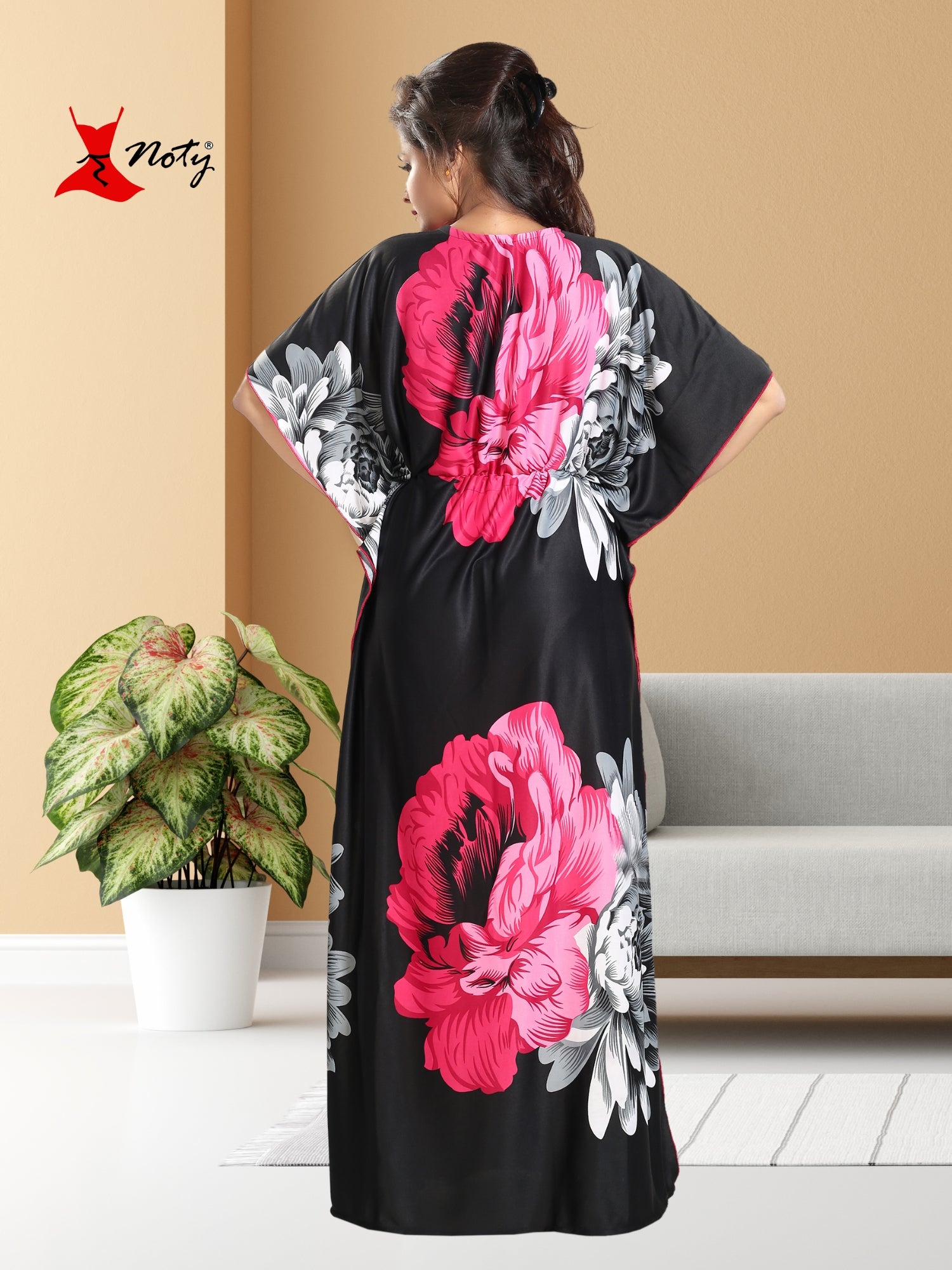 Noty Women's Kaftan Nighty | Serena Fabric | Floral Print Maxi | Short Sleeves | V Shaped Neck
