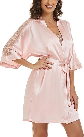 Noty ® Women's- 2 Pc Hot & Sexy Nightwear Set- Satin - Sexy Lace Chemise with Kimono Robe