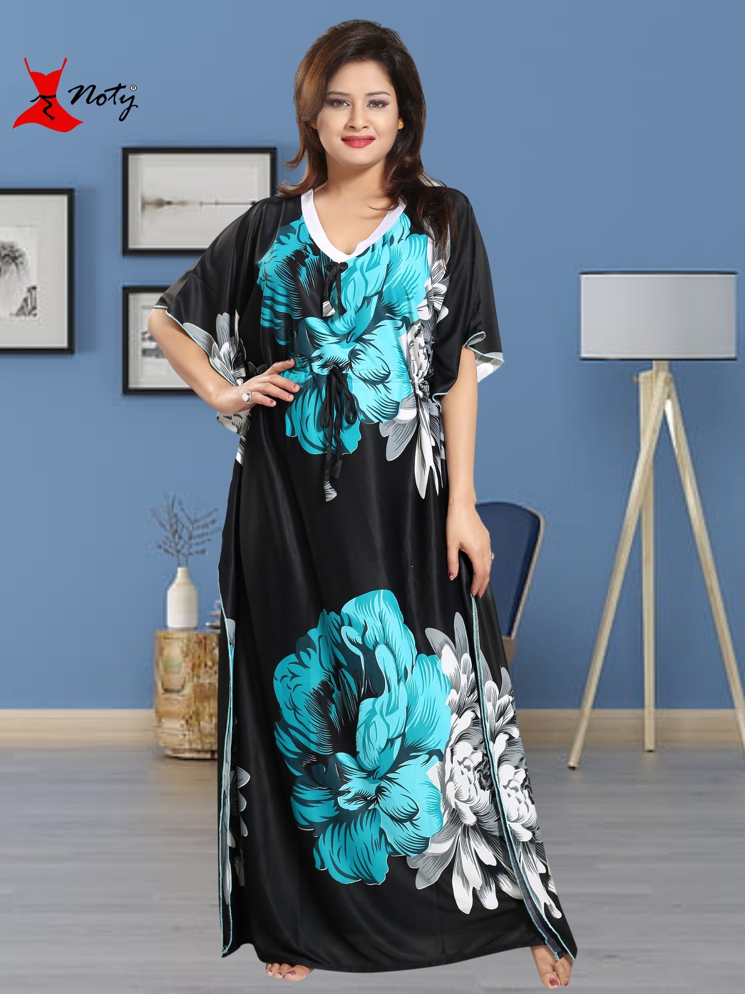 Noty Women's Kaftan Nighty | Serena Fabric | Floral Print Maxi | Short Sleeves | V Shaped Neck