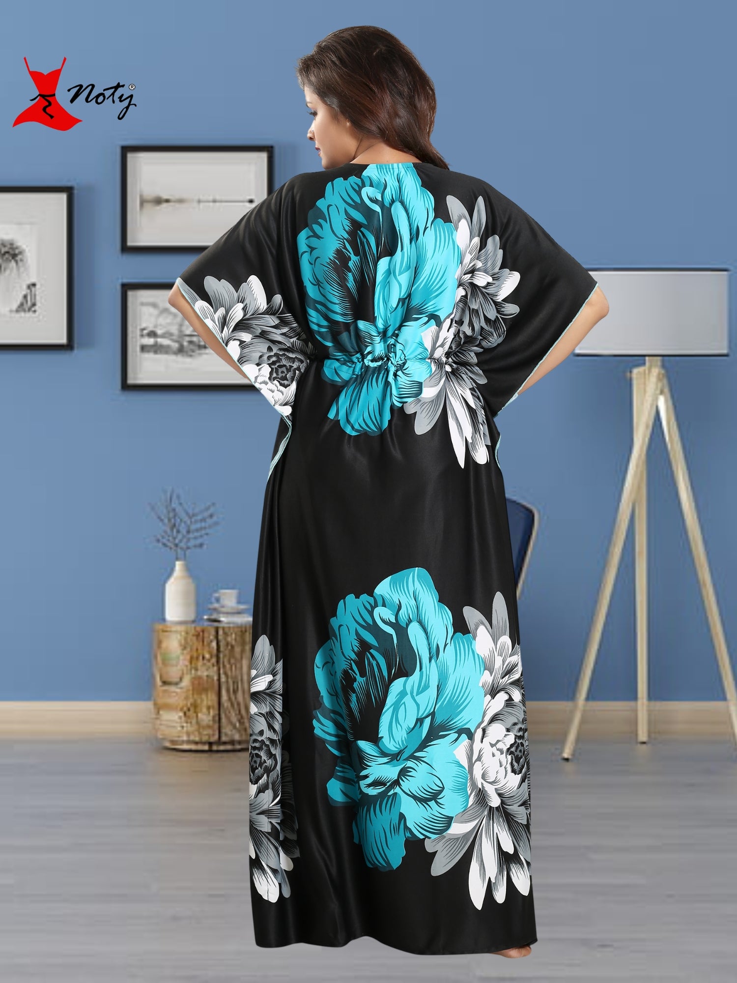 Noty Women's Kaftan Nighty | Serena Fabric | Floral Print Maxi | Short Sleeves | V Shaped Neck