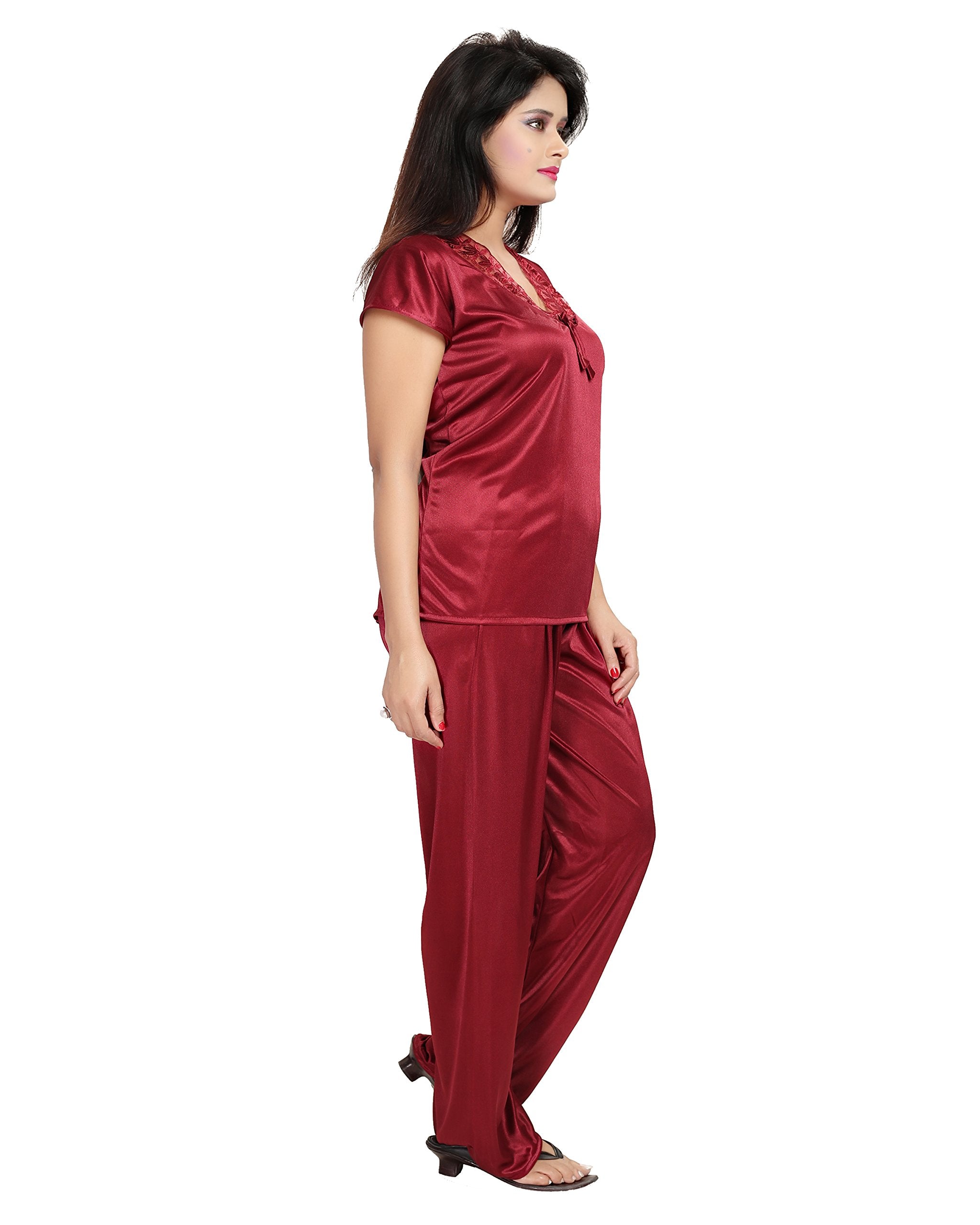 Noty Women's Satin Nighty, Robe, Top, Night Dress - Set of 6/7 (Maroon, Free Size)