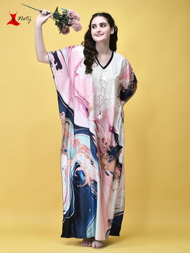 Noty ยฎ Women's Kaftan Nighty | Digital Print | Sarena Fabric | V Shaped Neck Nightwear | Nightdress for Girl
