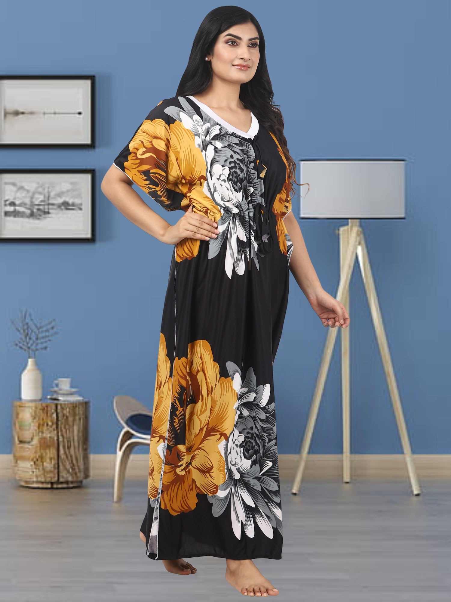 Noty Women's Kaftan Nighty | Serena Fabric | Floral Print Maxi | Short Sleeves | V Shaped Neck