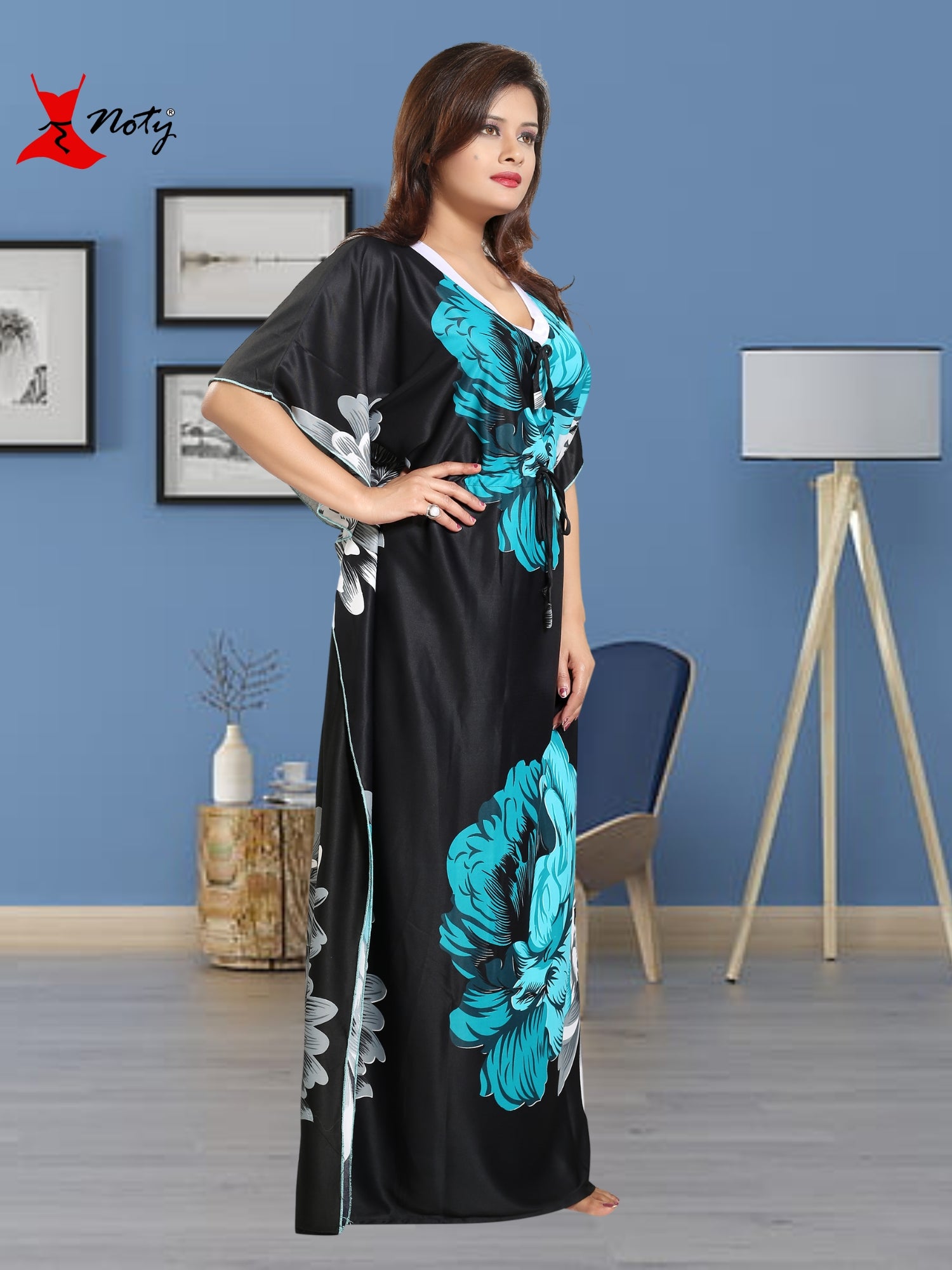 Noty Women's Kaftan Nighty | Serena Fabric | Floral Print Maxi | Short Sleeves | V Shaped Neck