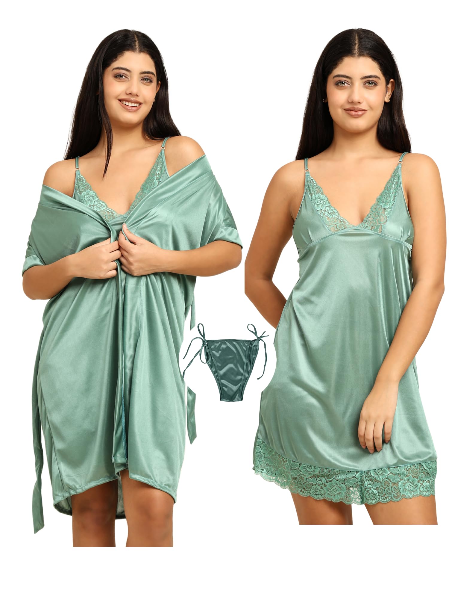 Noty ® Women's- 3 Pc Hot & Sexy Nightwear Set- Satin - Sexy Lace Chemise with Robe