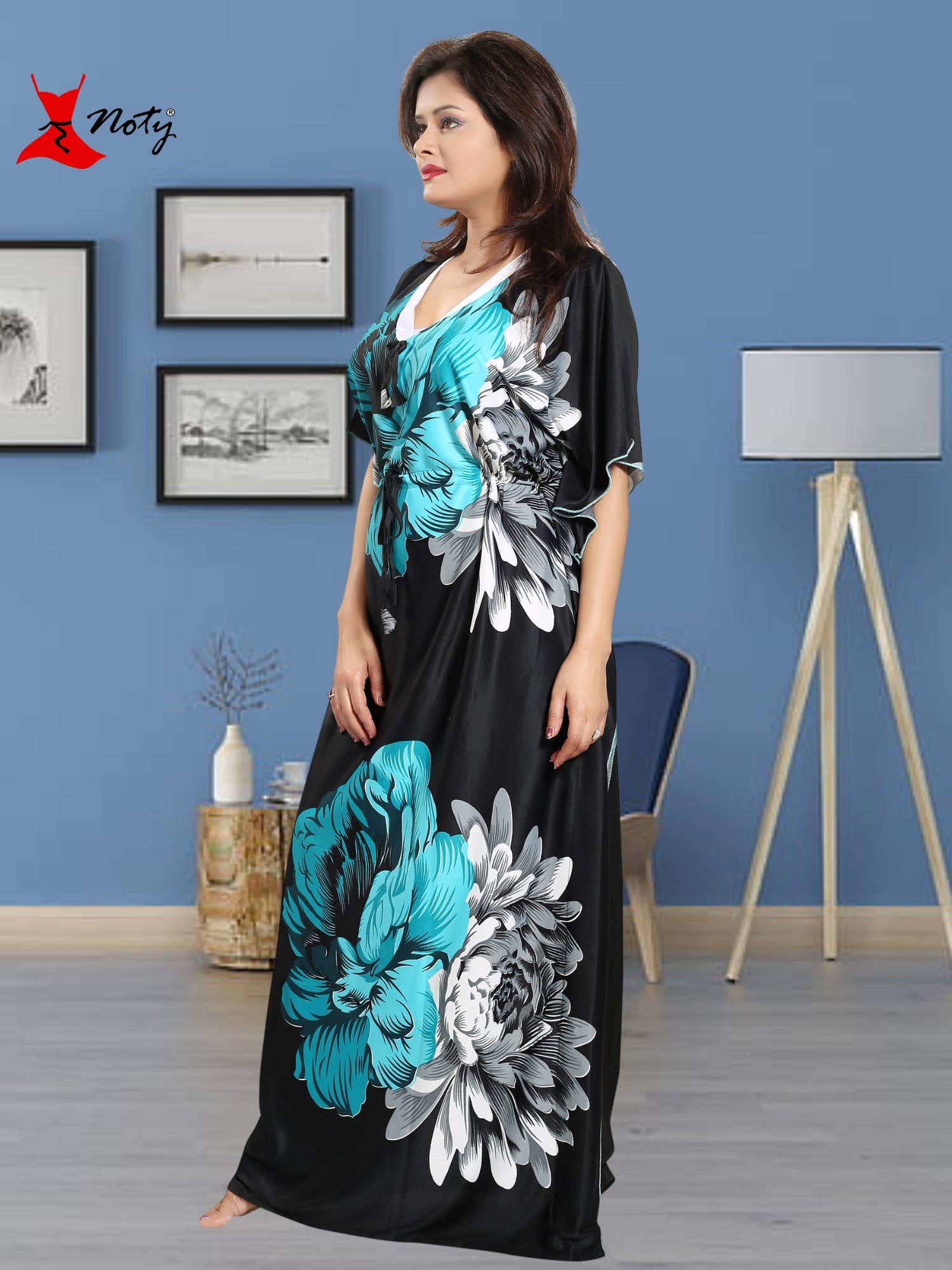 Noty Women's Kaftan Nighty | Serena Fabric | Floral Print Maxi | Short Sleeves | V Shaped Neck