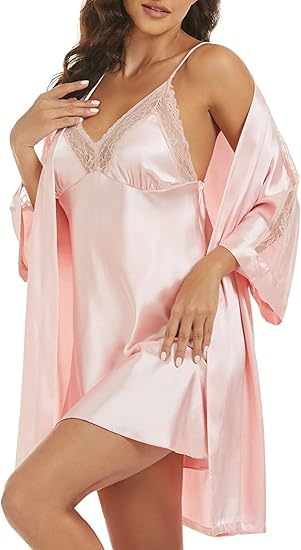 Noty ® Women's- 2 Pc Hot & Sexy Nightwear Set- Satin - Sexy Lace Chemise with Kimono Robe