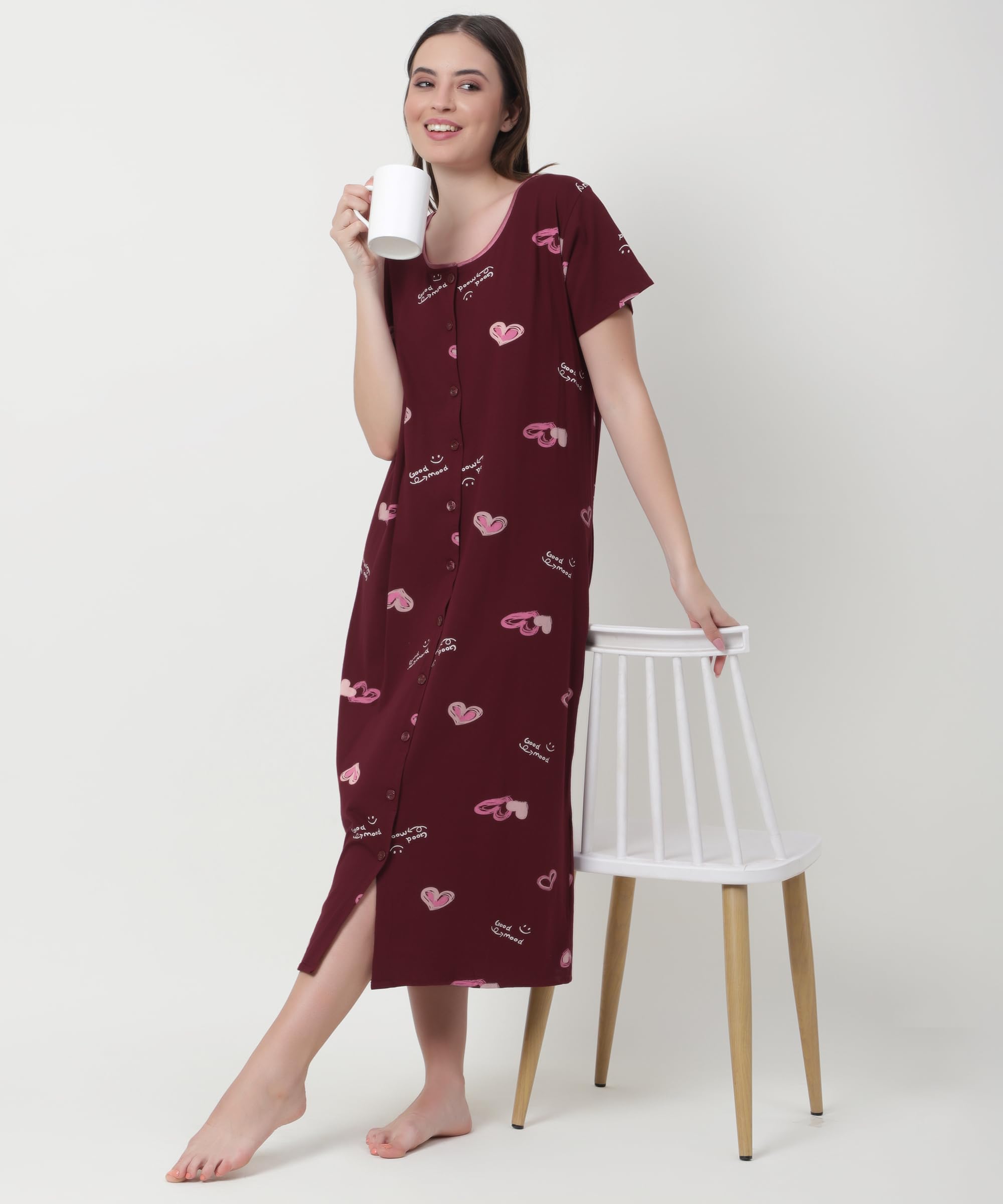 Noty ® Women's- Maternity | Hospital | Delivery Gown | Feeding | Nursing Nighty- Sinker Cotton Knits Fabric- Front Open | Printed | Full Button Open | Short Sleeves