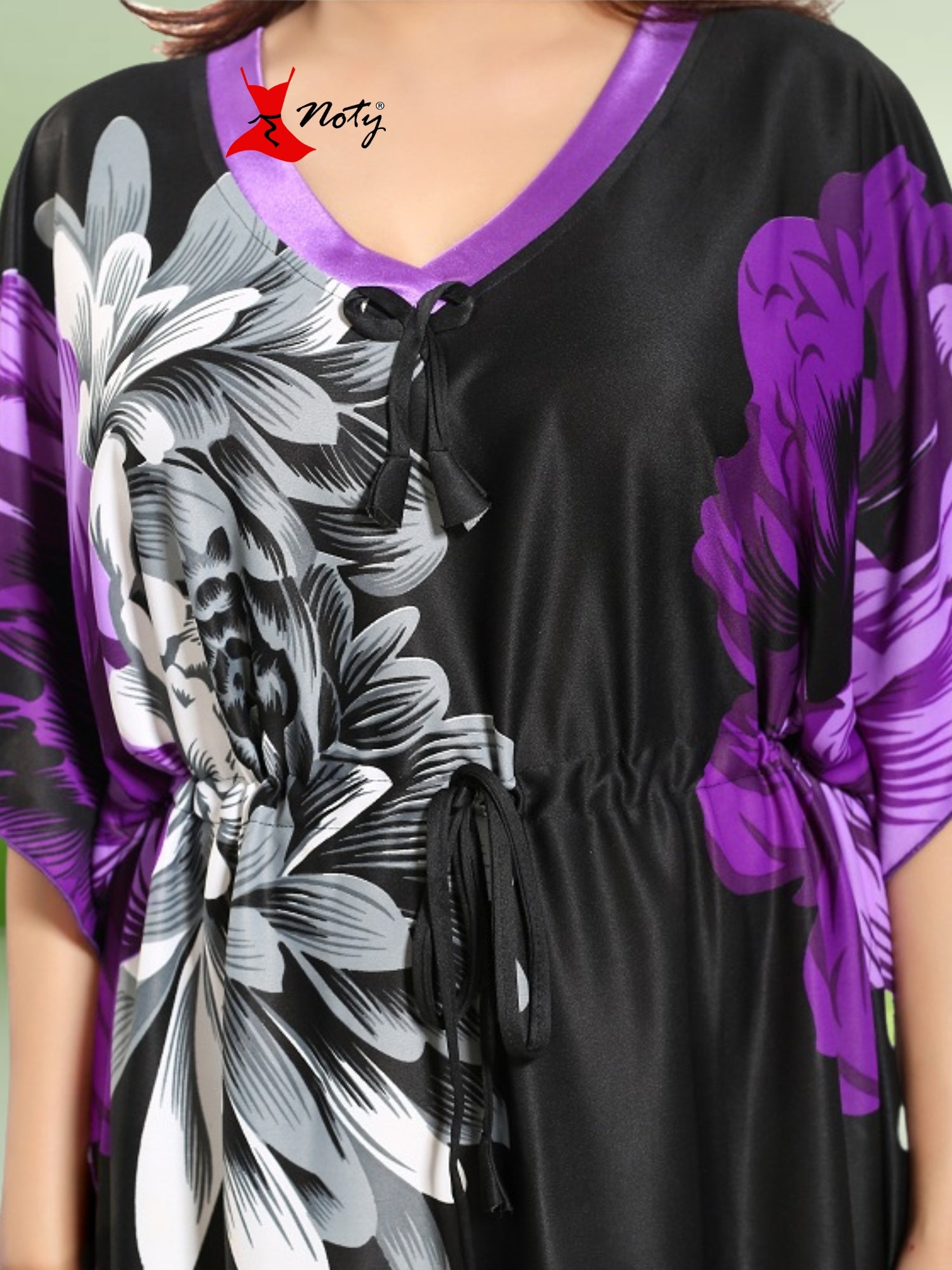 Noty Women's Kaftan Nighty | Serena Fabric | Floral Print Maxi | Short Sleeves | V Shaped Neck