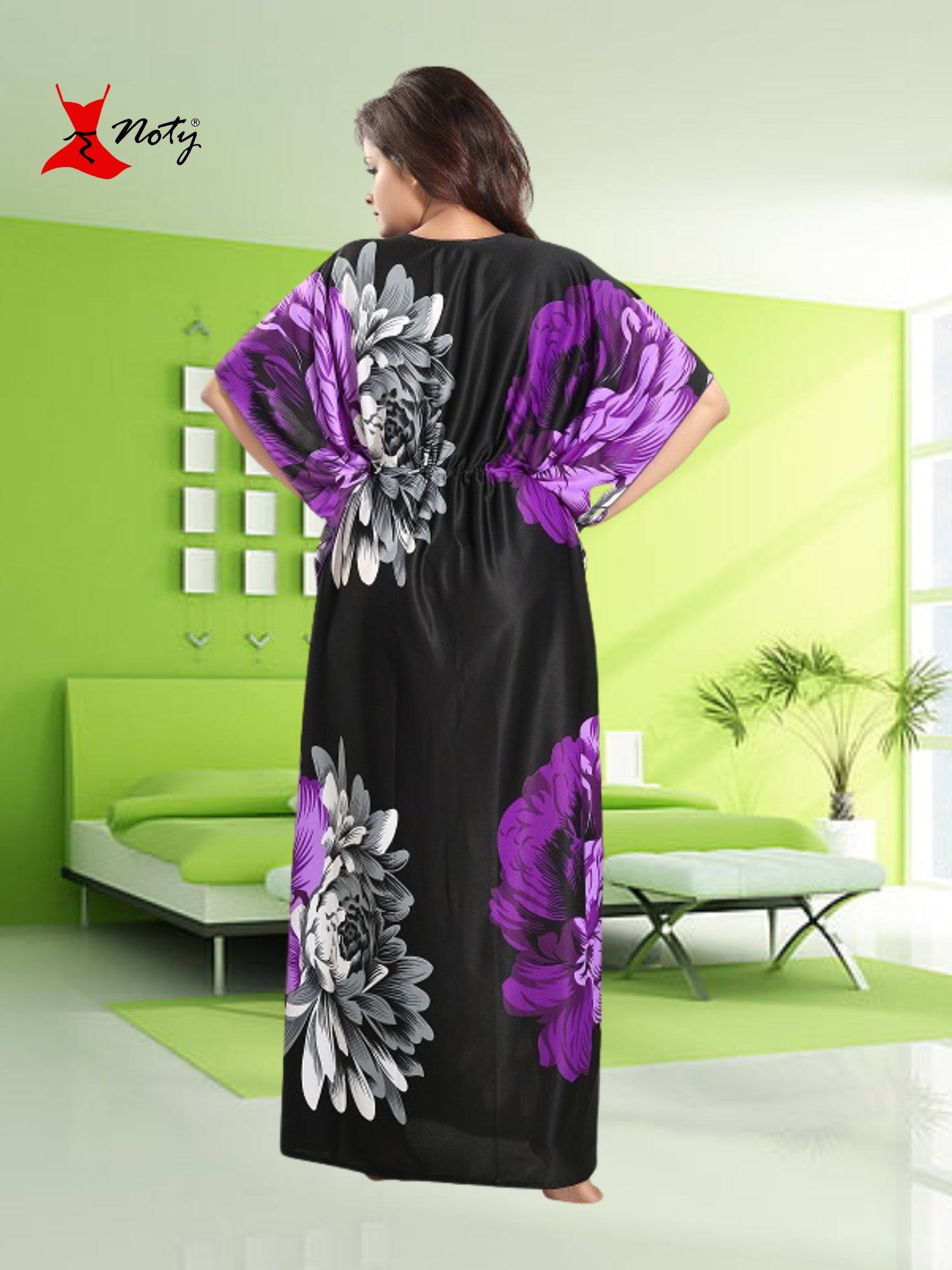 Noty Women's Kaftan Nighty | Serena Fabric | Floral Print Maxi | Short Sleeves | V Shaped Neck