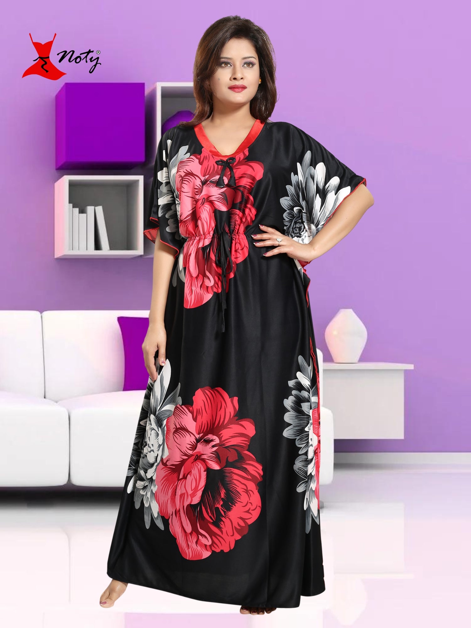 Noty Women's Kaftan Nighty | Serena Fabric | Floral Print Maxi | Short Sleeves | V Shaped Neck