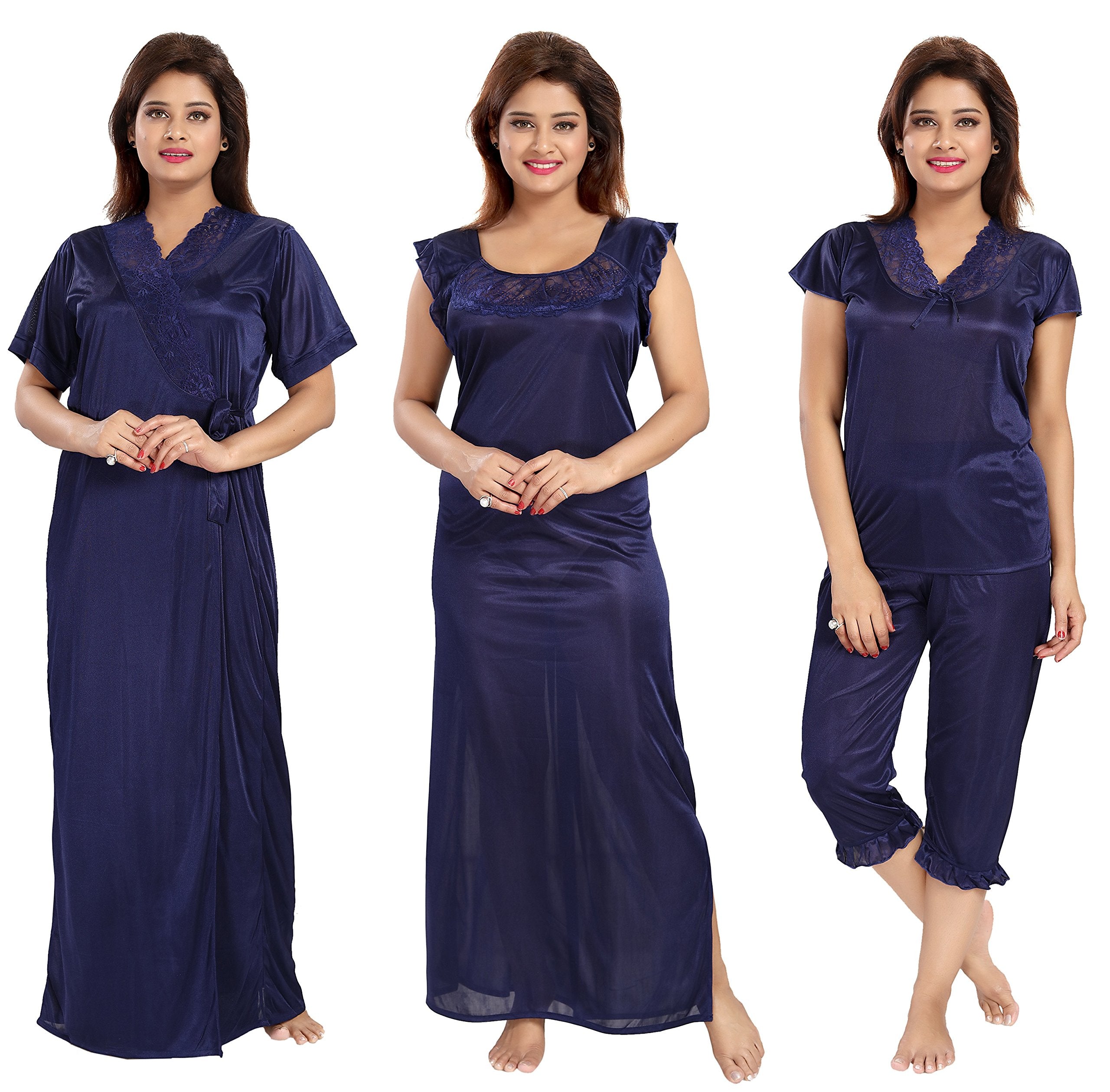 Noty Women's Satin Plain/Solid Nightwear Set Pack of 4