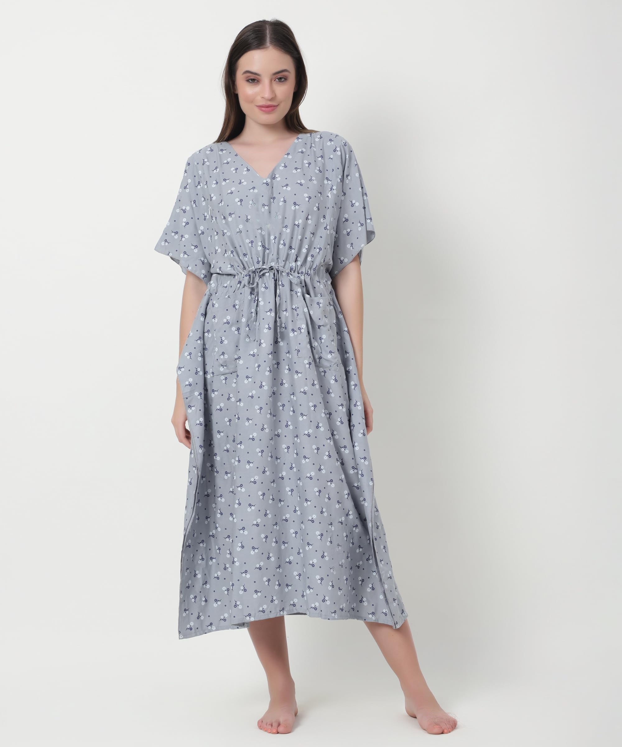 Noty® Women's-Printed Rayon Maternity & Nursing Kaftan with Both Side Zippers and Pockets | Soft & Breathable Feeding Nightwear Dress