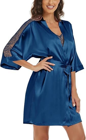 Noty ® Women's- 2 Pc Hot & Sexy Nightwear Set- Satin - Sexy Lace Chemise with Kimono Robe