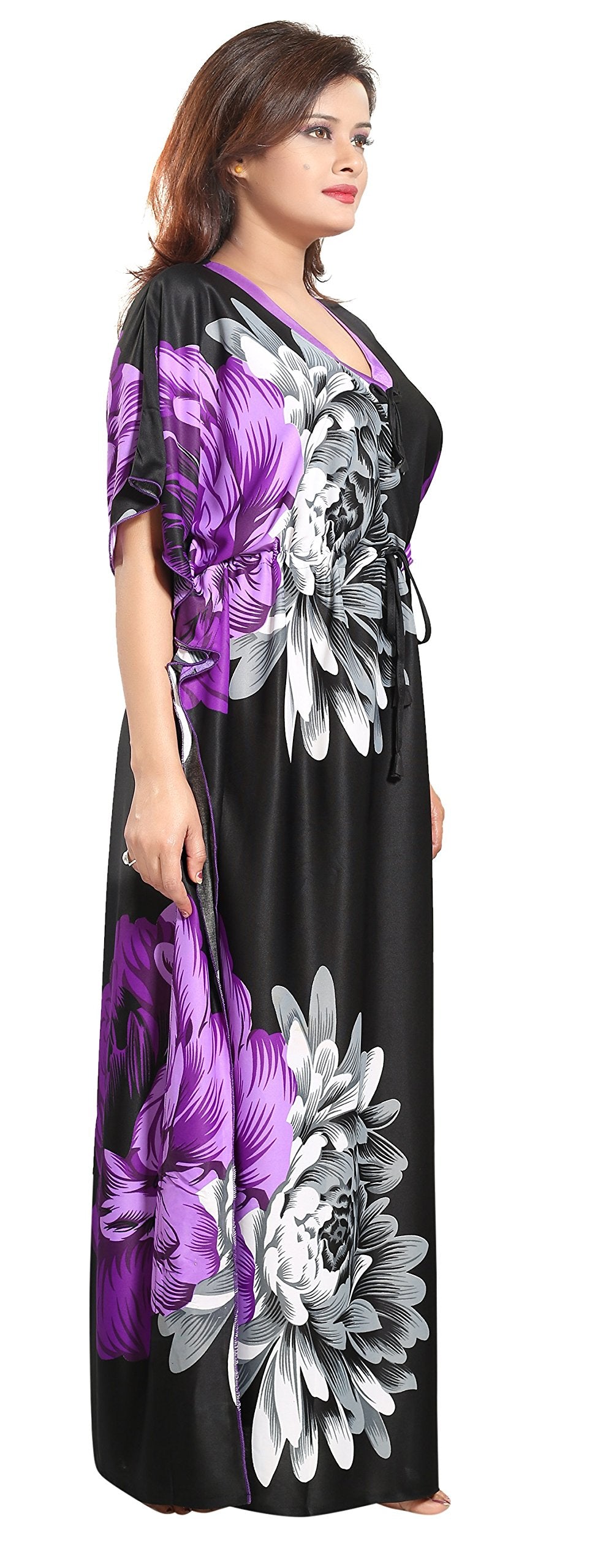 Noty Women's Kaftan Nighty | Serena Fabric | Floral Print Maxi | Short Sleeves | V Shaped Neck