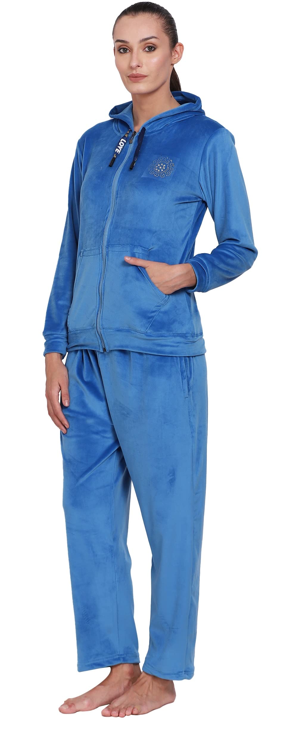 Noty® Night Suit Winter Velvet-Hoody with Zip-2 Side Pockets