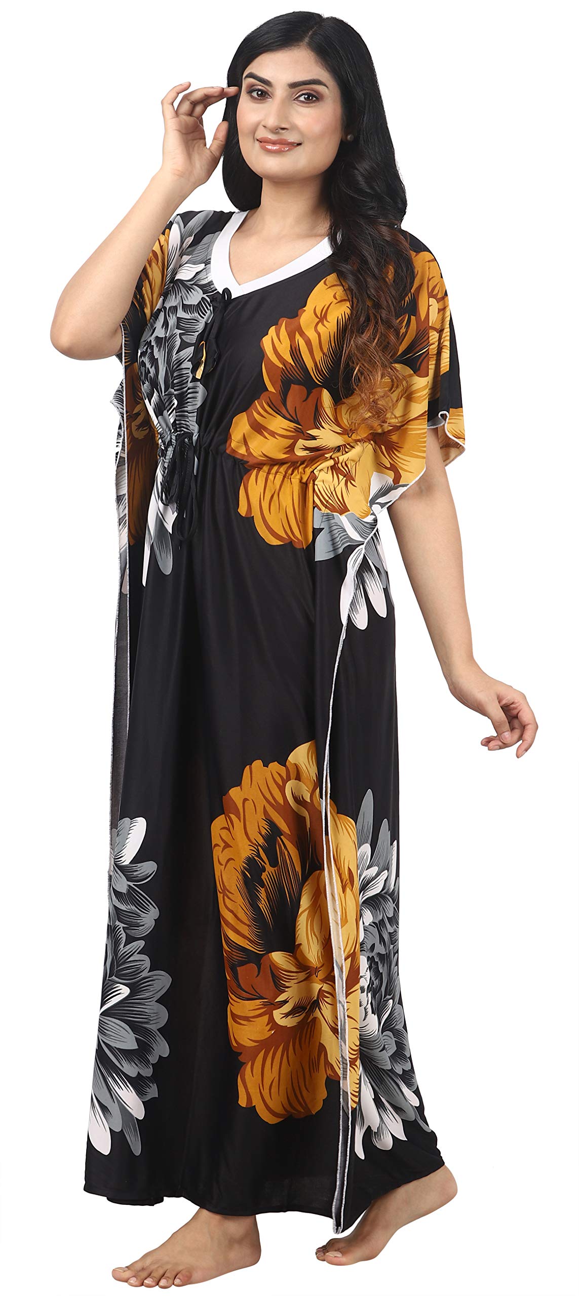 Noty Women's Kaftan Nighty | Serena Fabric | Floral Print Maxi | Short Sleeves | V Shaped Neck