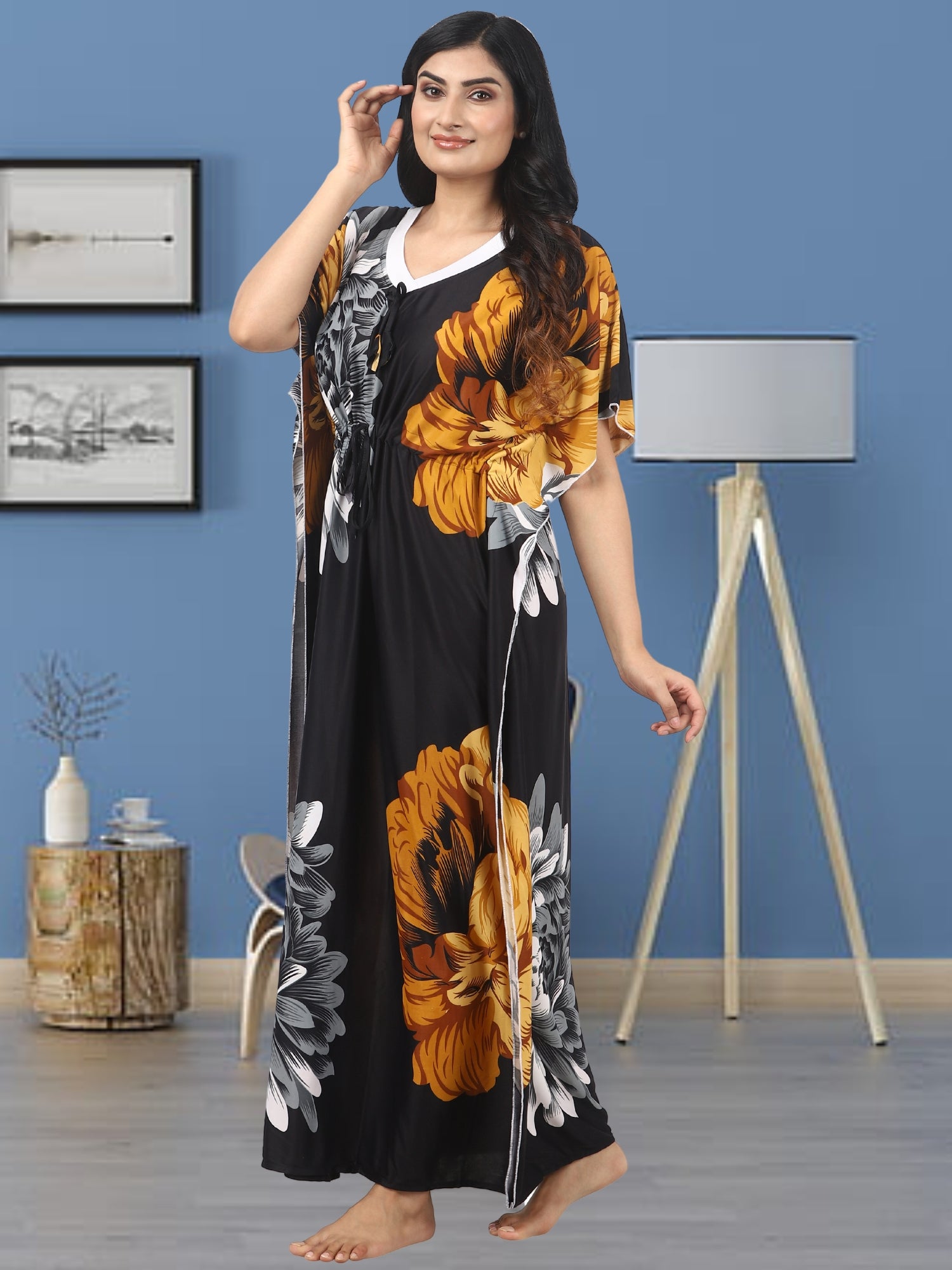 Noty Women's Kaftan Nighty | Serena Fabric | Floral Print Maxi | Short Sleeves | V Shaped Neck