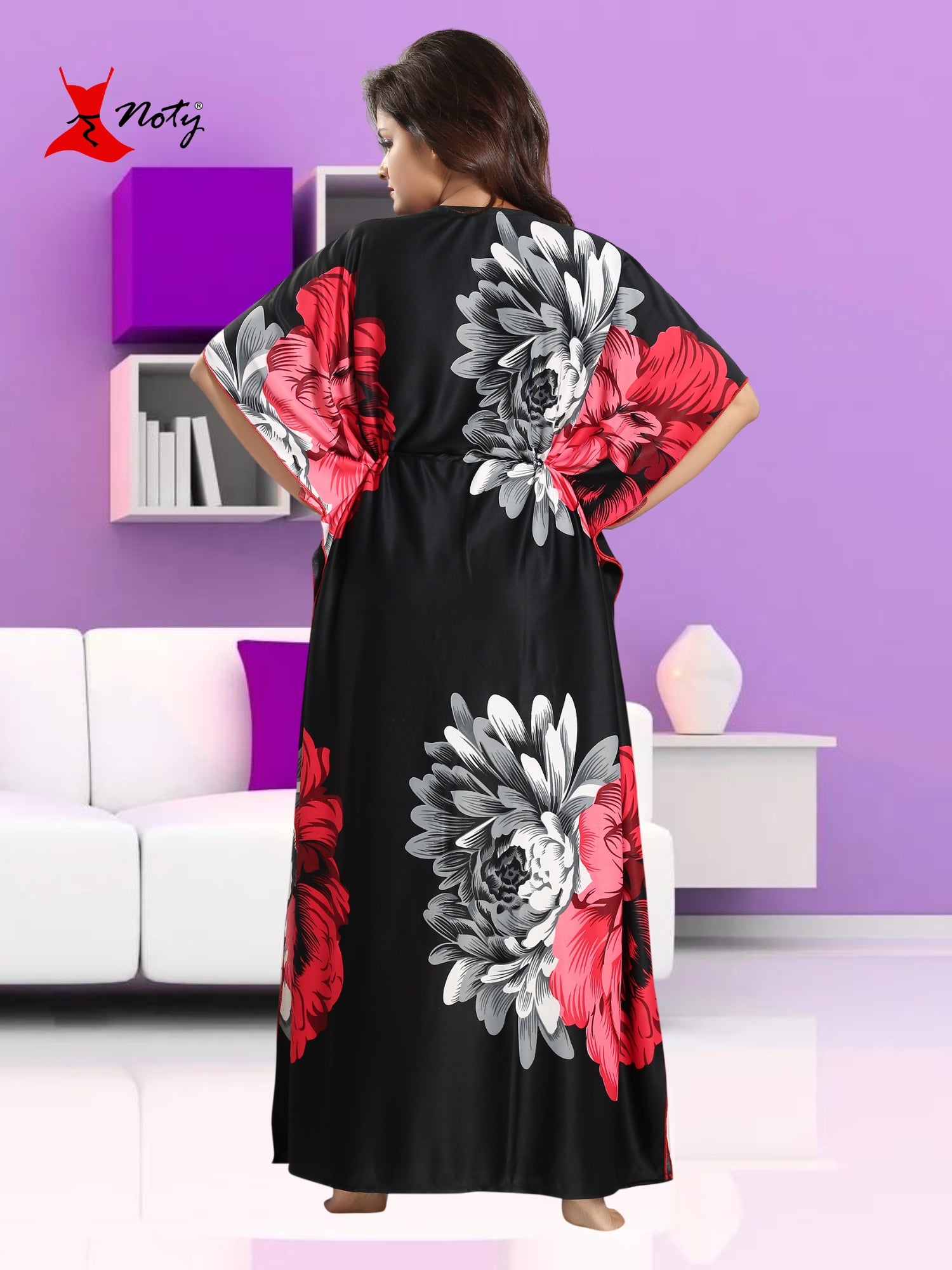 Noty Women's Kaftan Nighty | Serena Fabric | Floral Print Maxi | Short Sleeves | V Shaped Neck