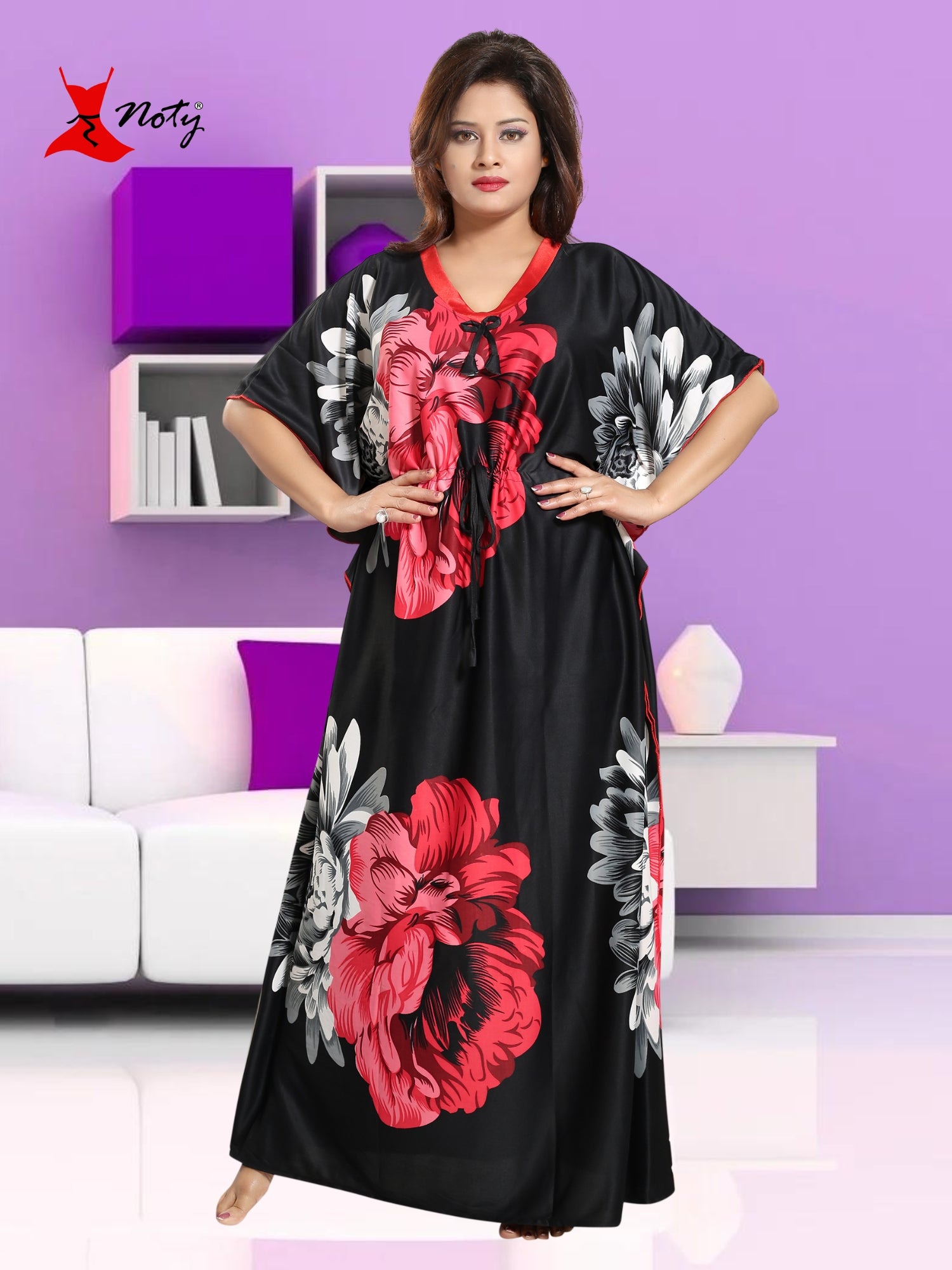 Noty Women's Kaftan Nighty | Serena Fabric | Floral Print Maxi | Short Sleeves | V Shaped Neck