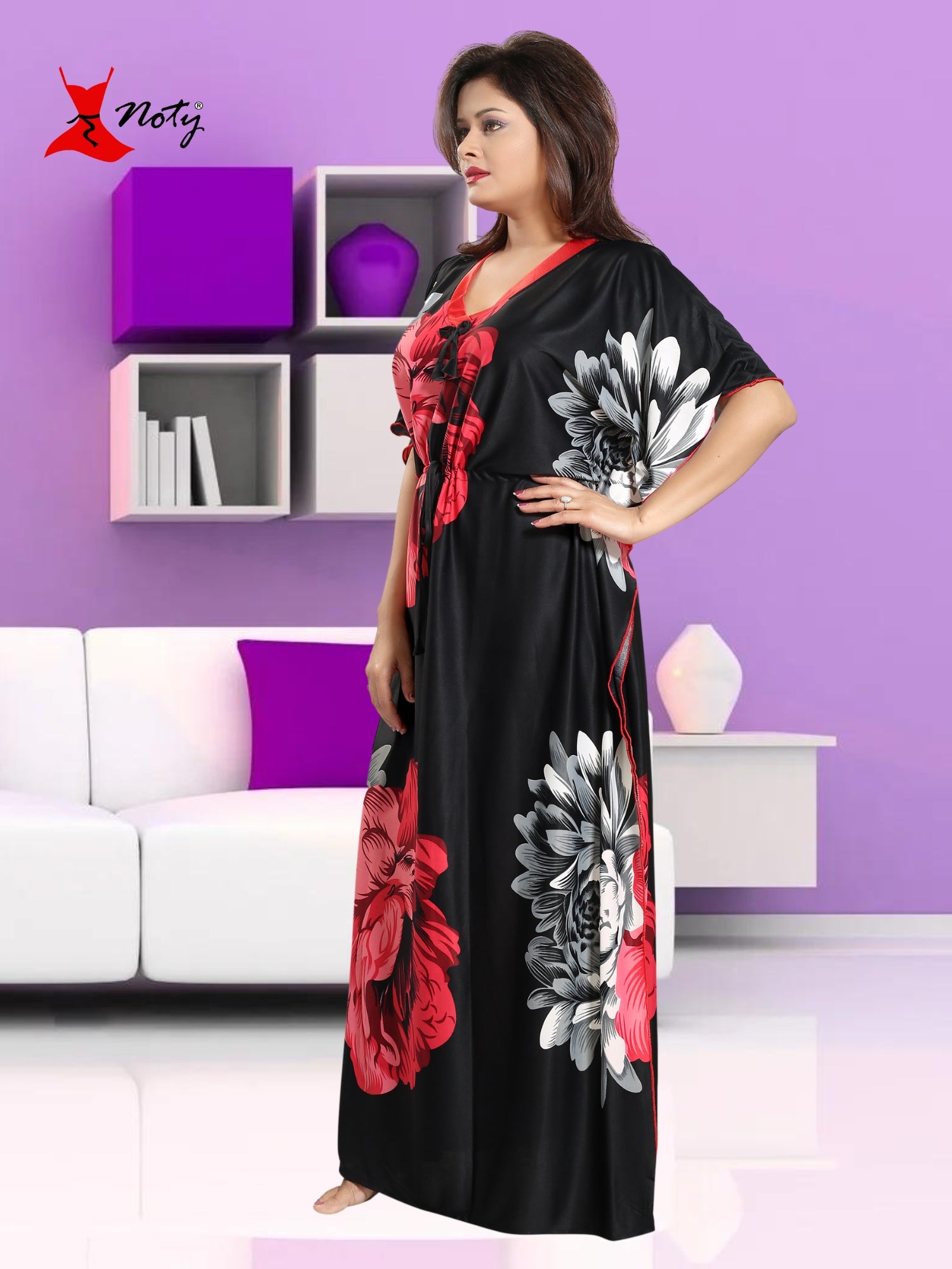 Noty Women's Kaftan Nighty | Serena Fabric | Floral Print Maxi | Short Sleeves | V Shaped Neck