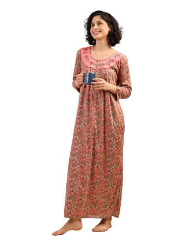 Noty® Women's- Nighty | Maxi | Gown- Poly Viscose Knits Fabric- Embroidery, Full Sleeves, Zip Closure