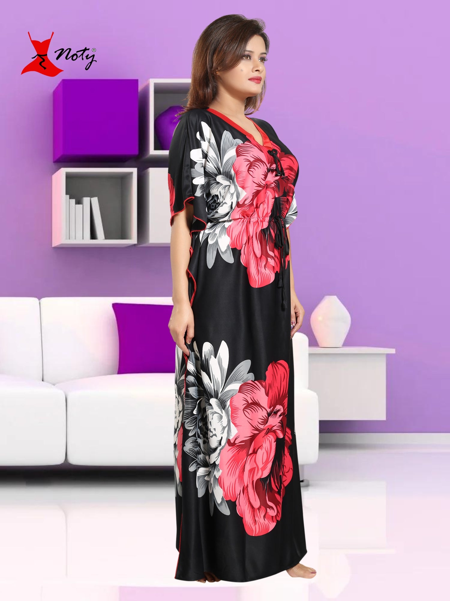 Noty Women's Kaftan Nighty | Serena Fabric | Floral Print Maxi | Short Sleeves | V Shaped Neck