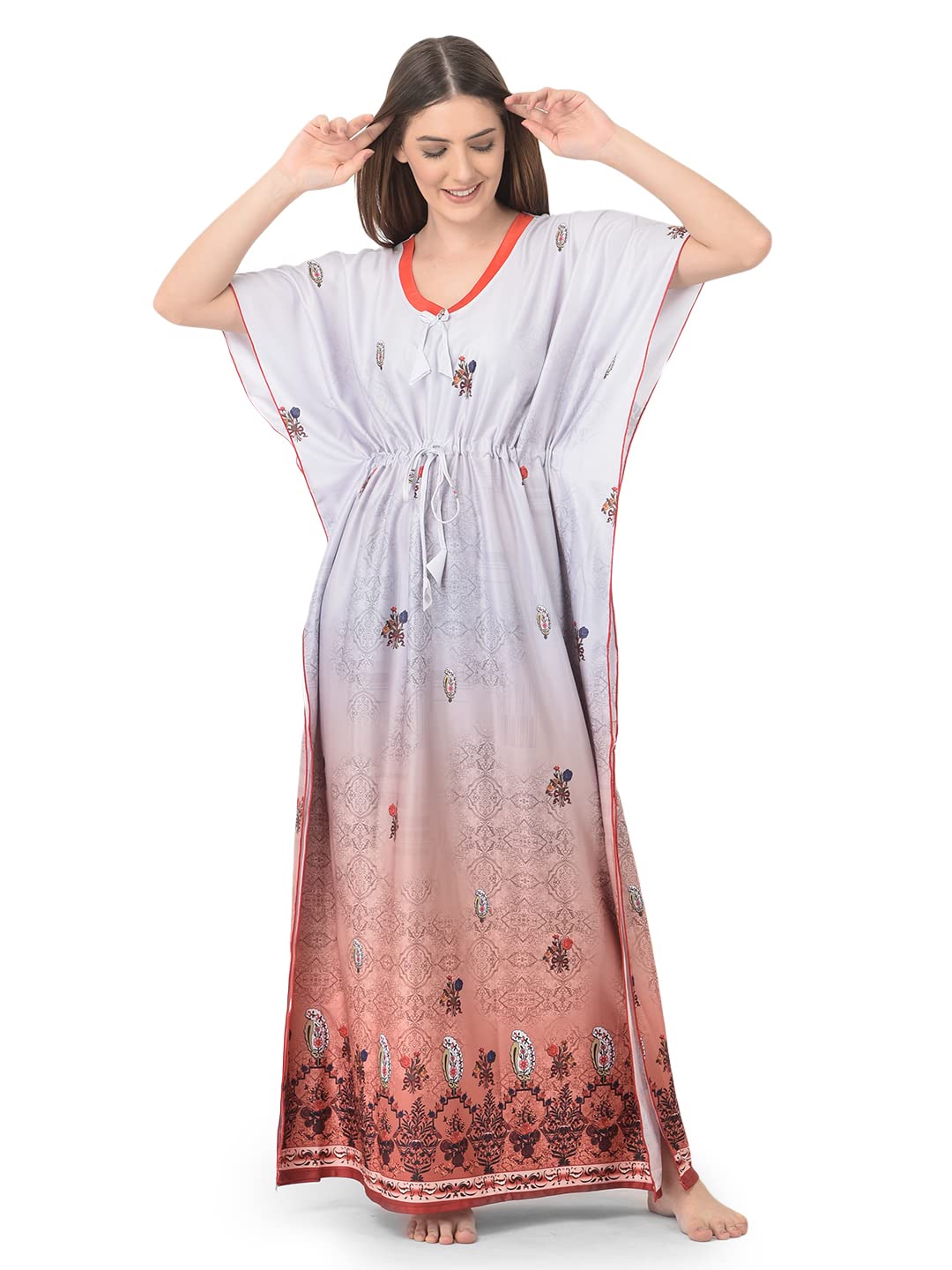Noty ® Women's Kaftan Nighty | Digital Print | Sarena Fabric | V Shaped Neck Nightwear | Nightdress for Girl