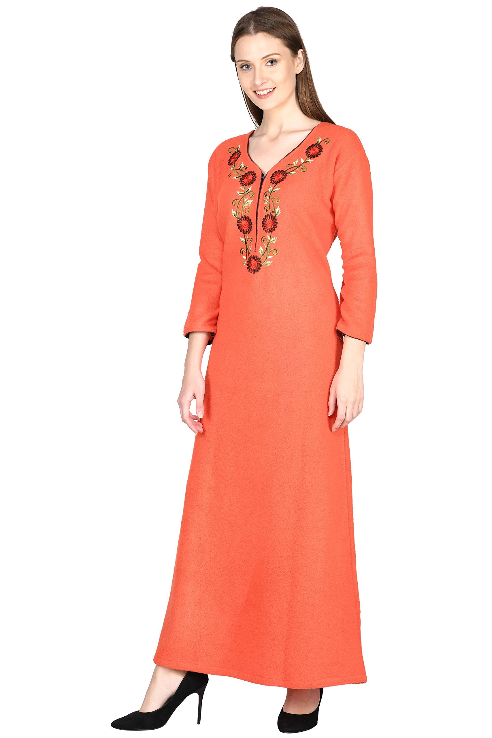 Noty Women Woolen Winter Fleece Nighty 3/4 Sleeve - Punch, Maroon, Deep Purple, Navy Blue