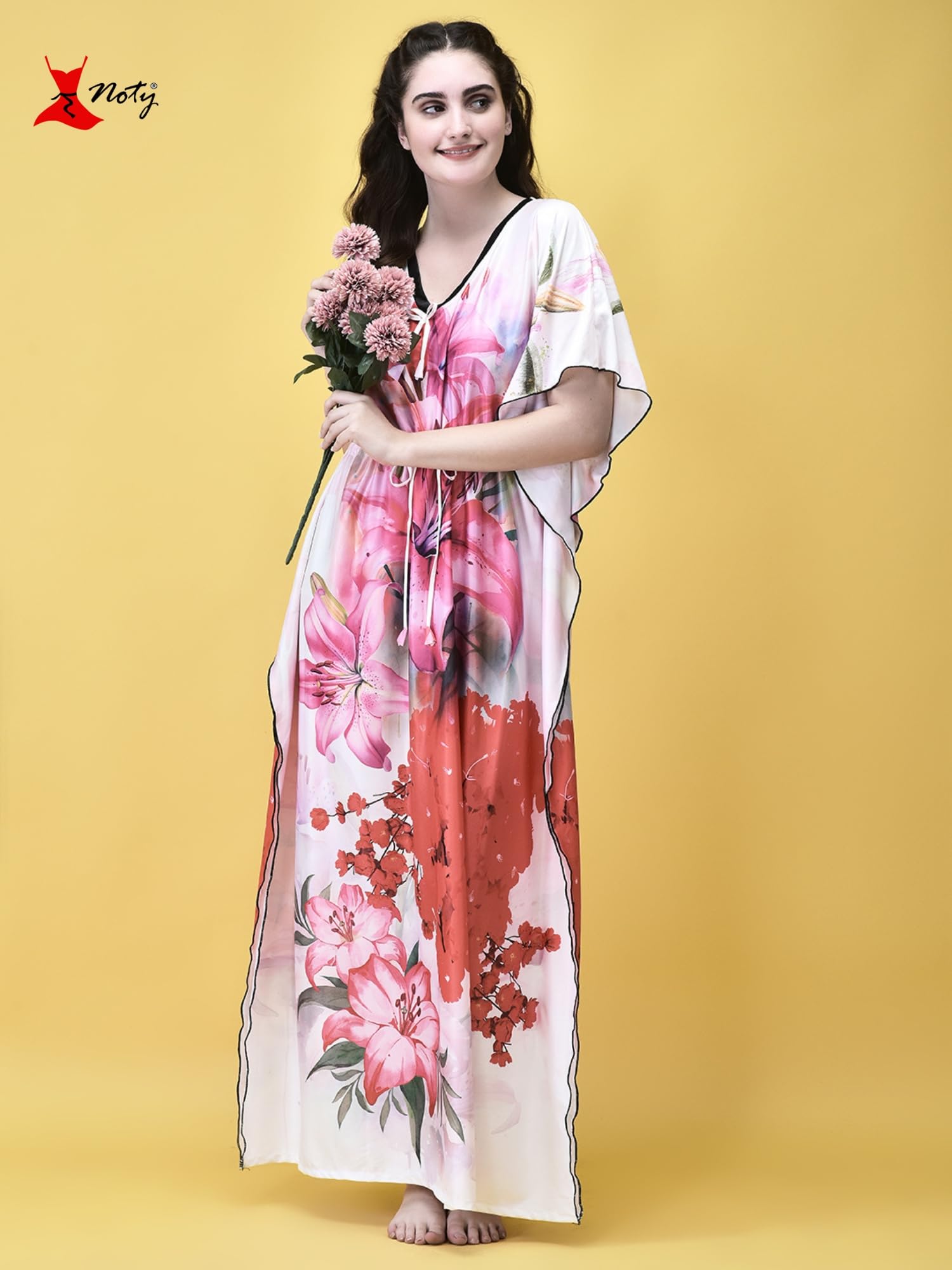 Noty ยฎ Women's Kaftan Nighty | Digital Print | Sarena Fabric | V Shaped Neck Nightwear | Nightdress for Girl