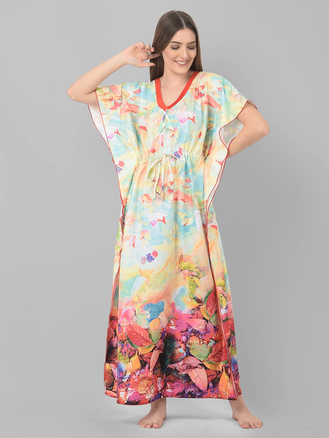 Noty ยฎ Women's Kaftan Nighty | Digital Print | Sarena Fabric | V Shaped Neck Nightwear | Nightdress for Girl
