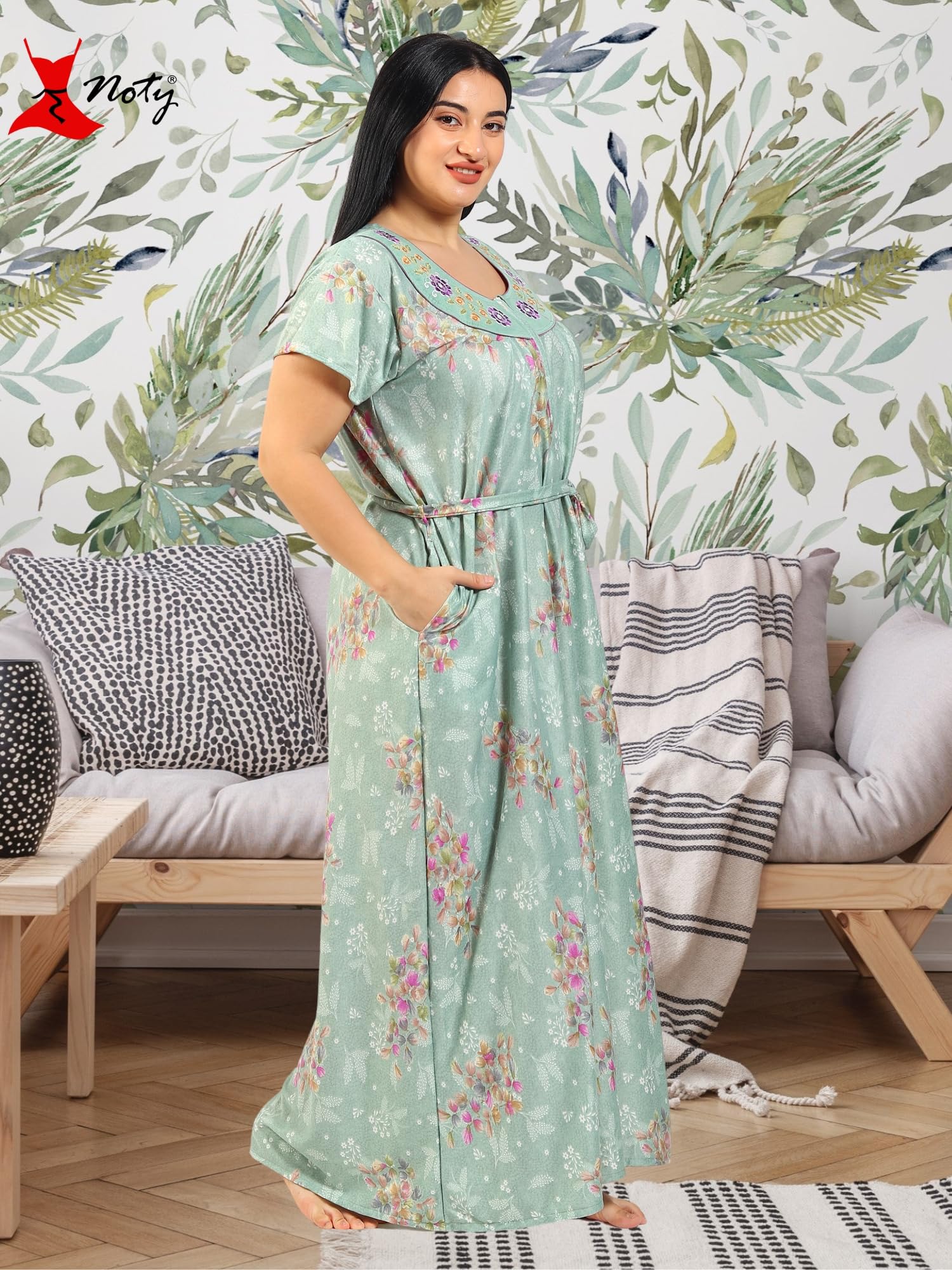 Noty ® Women's Plus Size- Nighty | Maxi | Gown- Poly Viscose Knits Fabric- Floral Printed with Embroidery (XX-Large, Olive Green)