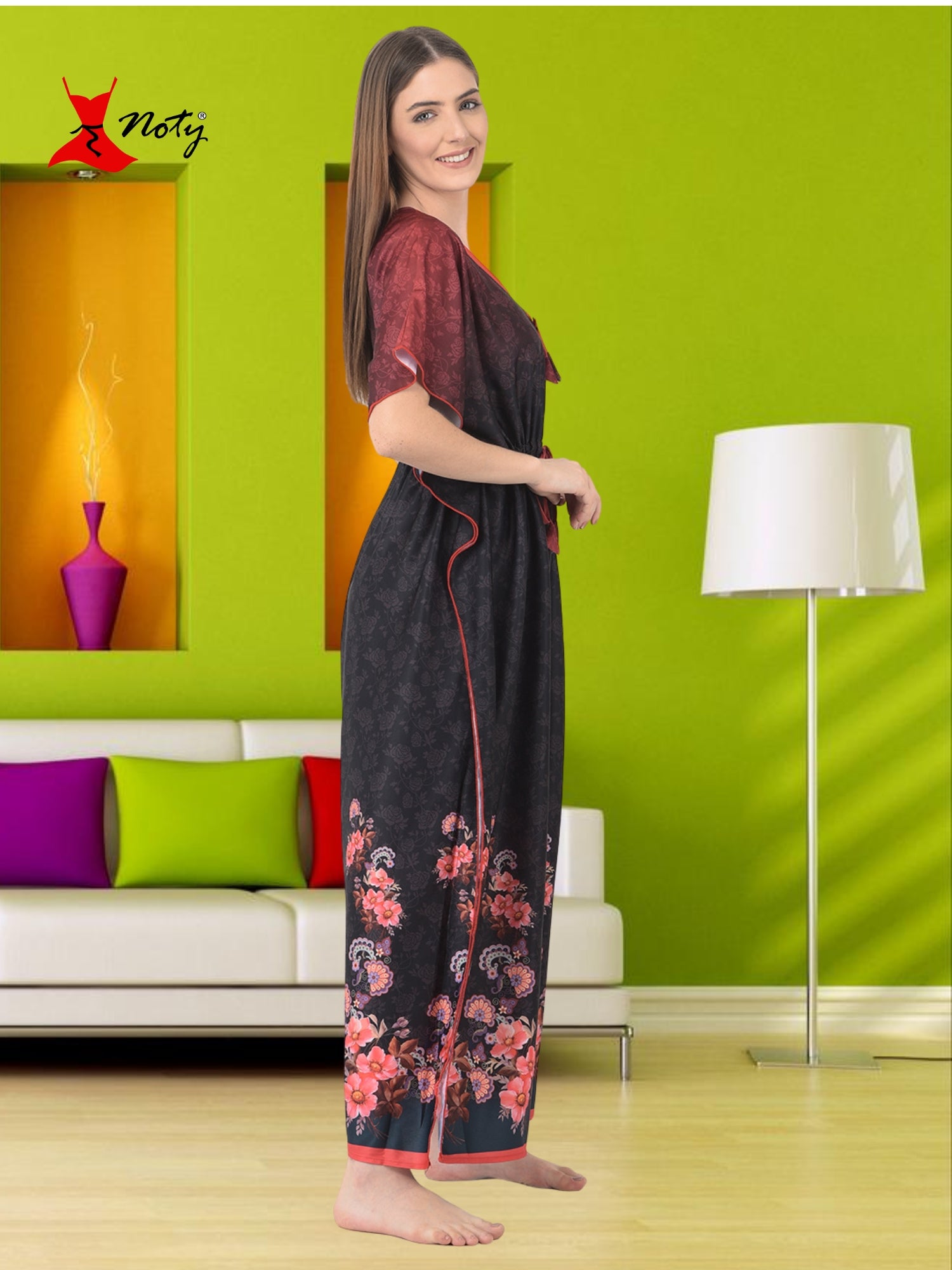 Noty ยฎ Women's Kaftan Nighty | Digital Print | Sarena Fabric | V Shaped Neck Nightwear | Nightdress for Girl