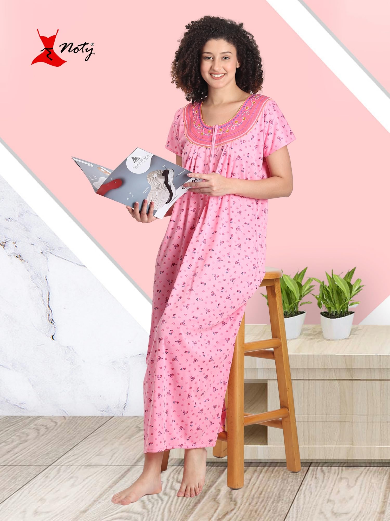 Noty® Women's- Nighty | Maxi | Gown- Poly Viscose Knits Fabric- Embroidery, Full Sleeves, Zip Closure