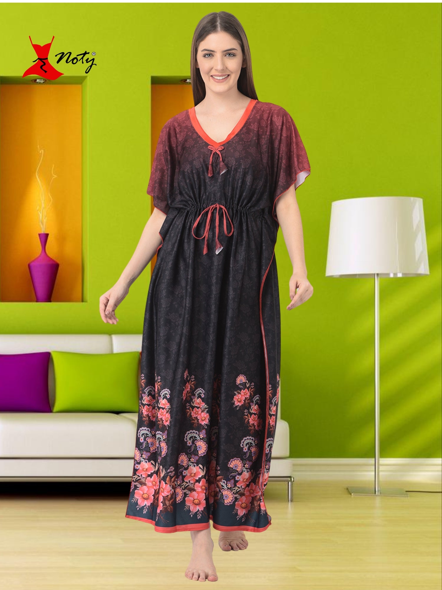 Noty ยฎ Women's Kaftan Nighty | Digital Print | Sarena Fabric | V Shaped Neck Nightwear | Nightdress for Girl