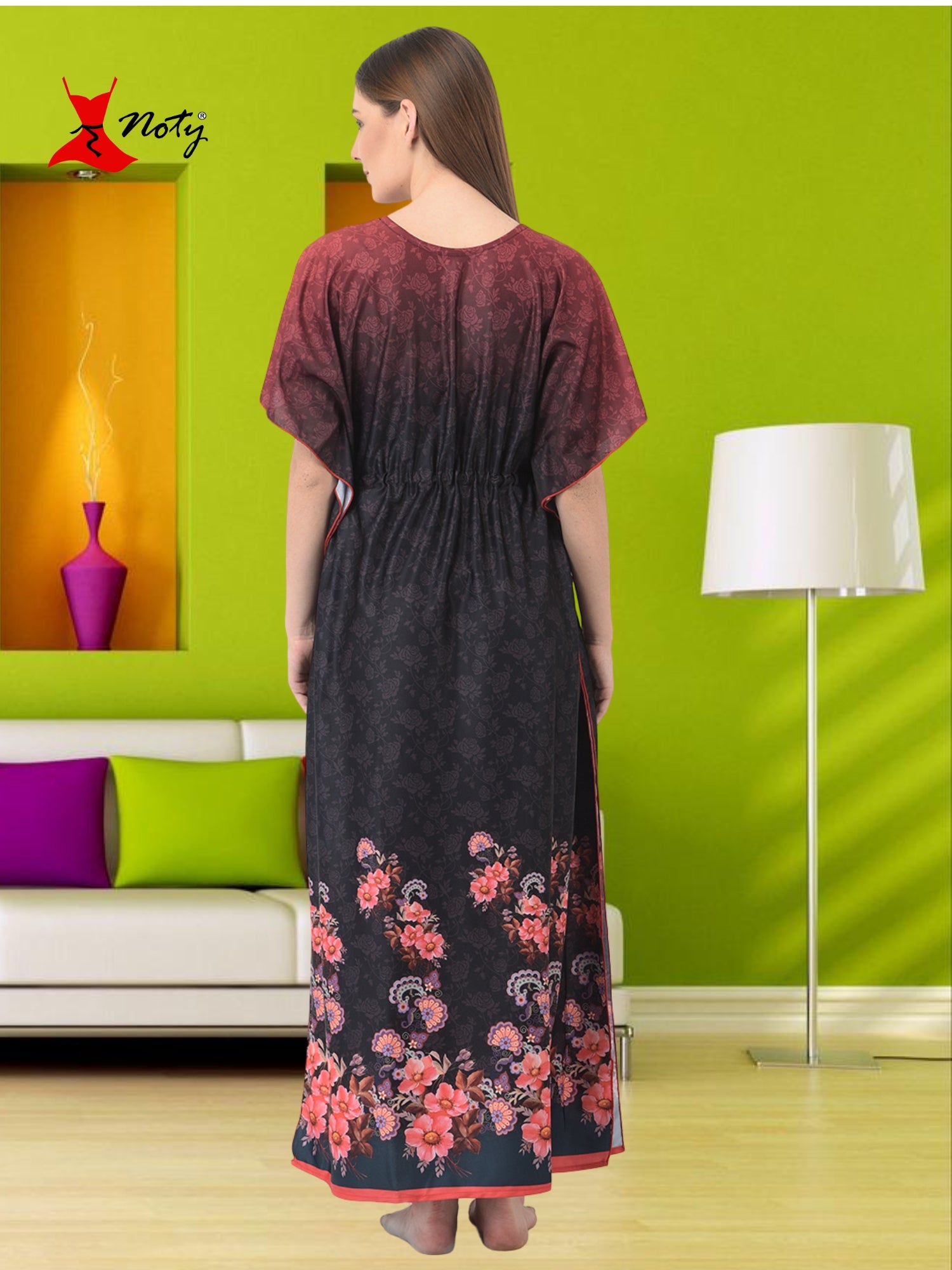 Noty ยฎ Women's Kaftan Nighty | Digital Print | Sarena Fabric | V Shaped Neck Nightwear | Nightdress for Girl
