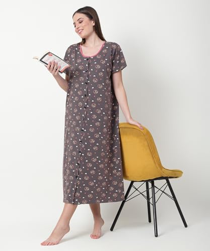 Noty ® Women's- Maternity | Hospital | Delivery Gown | Feeding | Nursing Nighty- Sinker Cotton Knits Fabric- Front Open | Printed | Full Button Open | Short Sleeves