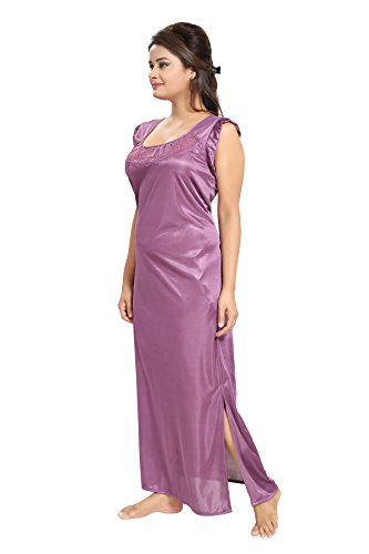 Noty Women's Satin Solid Maxi Nightwear Set Pack of 7 (Purple, Free Size)
