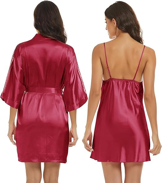 Noty ® Women's- 2 Pc Hot & Sexy Nightwear Set- Satin - Sexy Lace Chemise with Kimono Robe