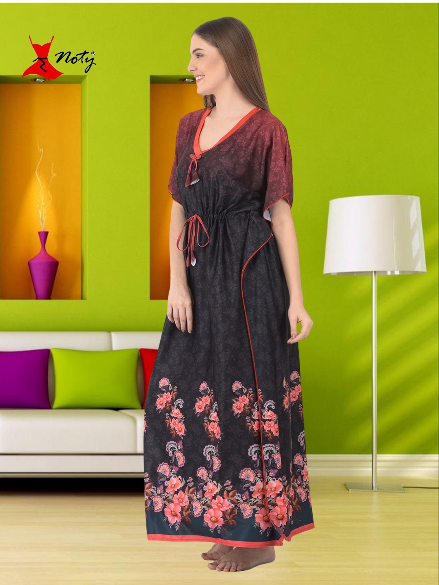Noty ยฎ Women's Kaftan Nighty | Digital Print | Sarena Fabric | V Shaped Neck Nightwear | Nightdress for Girl