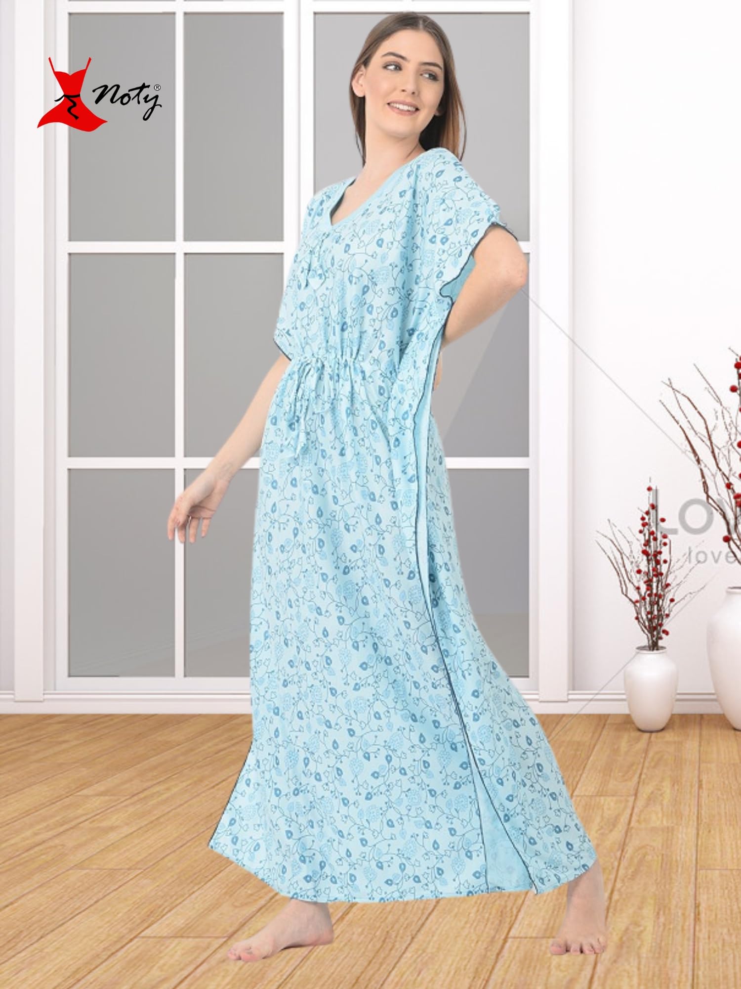 Noty Women's Soft Cotton Kaftan Maxi Nightgown Nighty Nightdress Nightwear -V-Neck- Floral