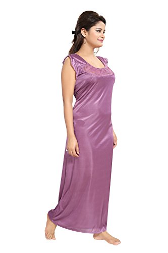 Noty Women's Satin Solid Maxi Nightwear Set Pack of 7 (Purple, Free Size)