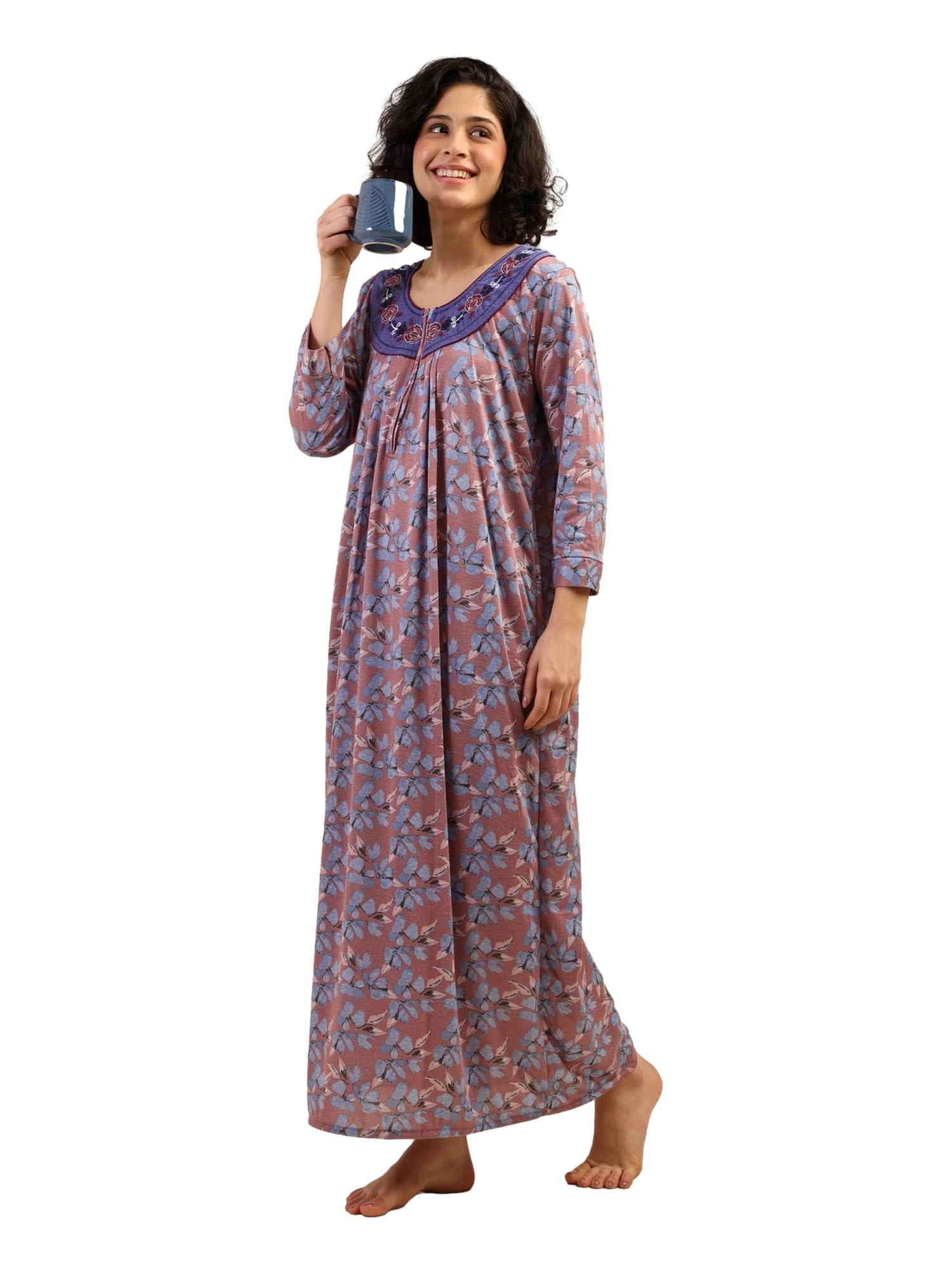 Noty® Women's- Nighty | Maxi | Gown- Poly Viscose Knits Fabric- Embroidery, Full Sleeves, Zip Closure