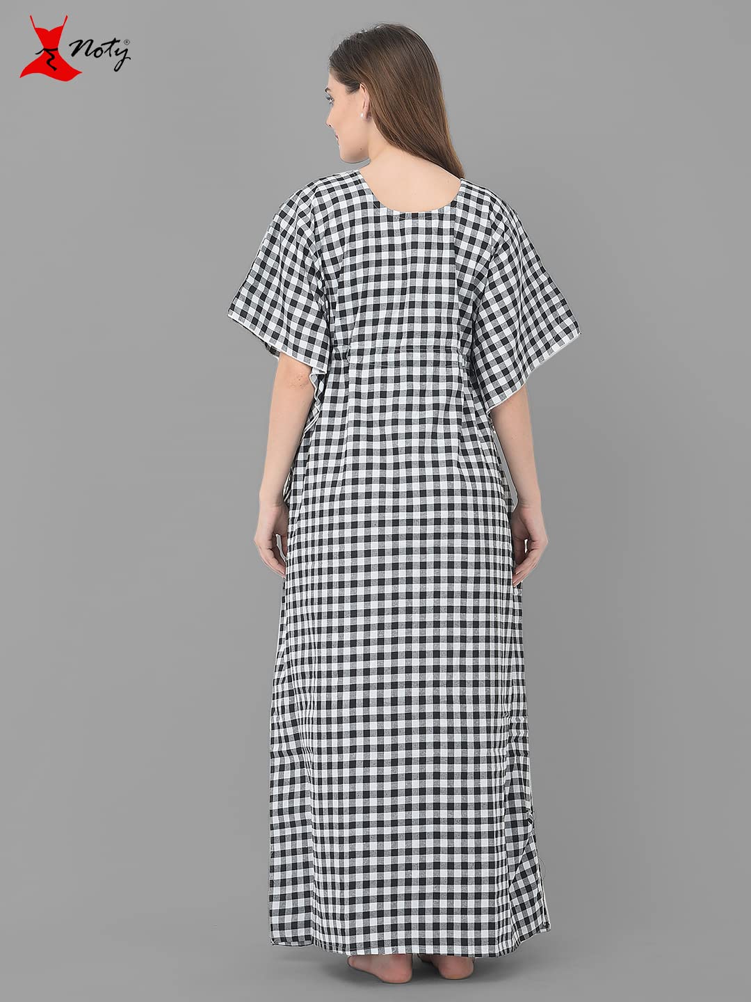Noty Women Soft Cotton Kaftan Nighty | Check Print | Cotton Nighty | V Neck | Nightwear Nightdress