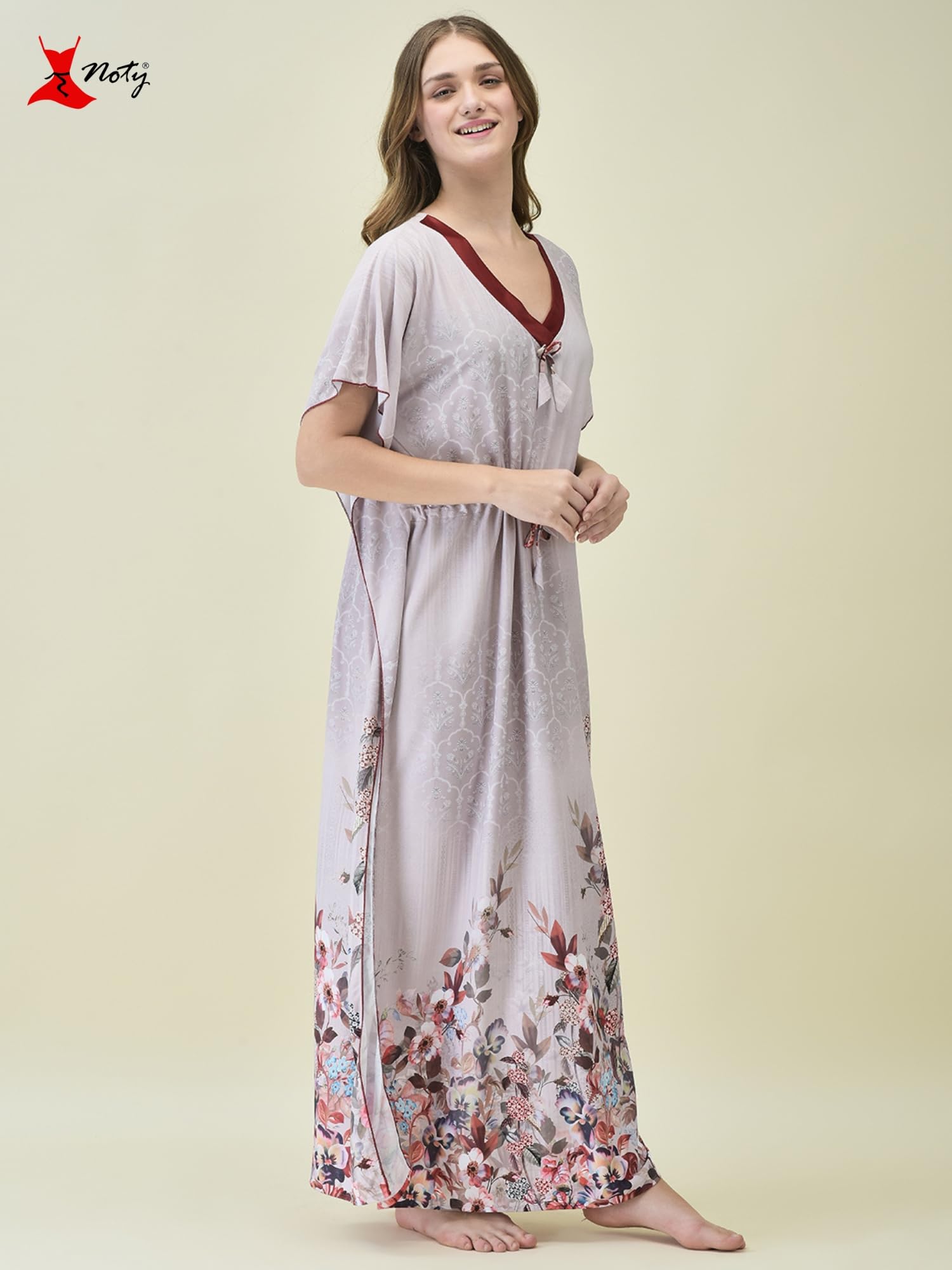 Noty ยฎ Women's Kaftan Nighty | Digital Print | Sarena Fabric | V Shaped Neck Nightwear | Nightdress for Girl