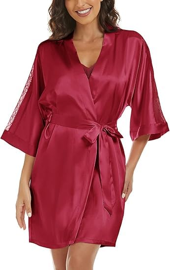 Noty ® Women's- 2 Pc Hot & Sexy Nightwear Set- Satin - Sexy Lace Chemise with Kimono Robe