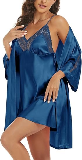 Noty ® Women's- 2 Pc Hot & Sexy Nightwear Set- Satin - Sexy Lace Chemise with Kimono Robe